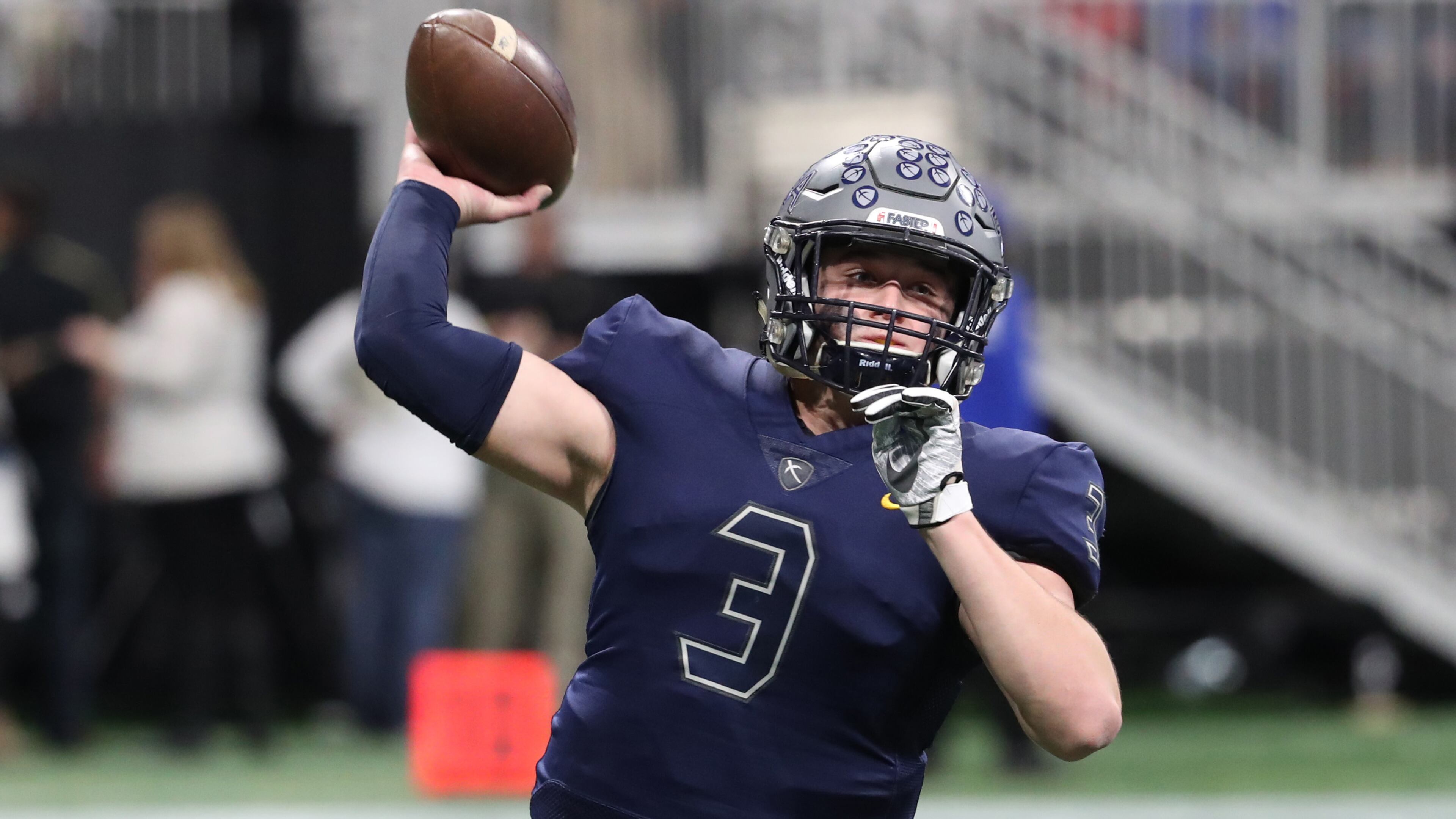 Eagle's Landing Christian quarterback Brayden Rush (3) attempts a pass in the second half of the Class A Private Championship against Athens Academy Friday, Dec. 8, 2017, at Mercedes-Benz Stadium in Atlanta.