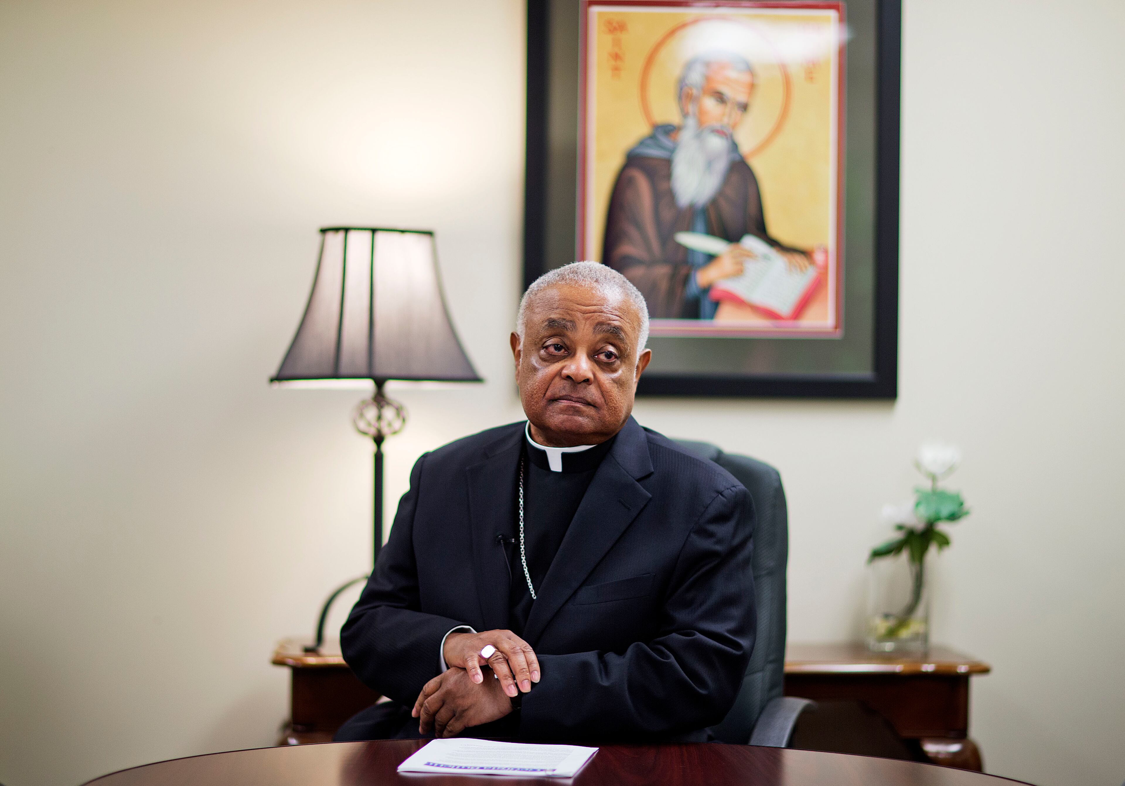 Atlanta Archbishop Wilton Gregory sits down for an interview, Wednesday, April 2, 2014, in Smyrna, Ga. The Roman Catholic Archbishop of Atlanta says he suspects the church will ultimately sell a $2.2 million mansion built for his use. Gregory said in an interview with The Associated Press on Wednesday that he accepts blame for not consulting enough with members of the church before building the expansive residence in one of Atlanta's toniest neighborhoods. (AP Photo/David Goldman)