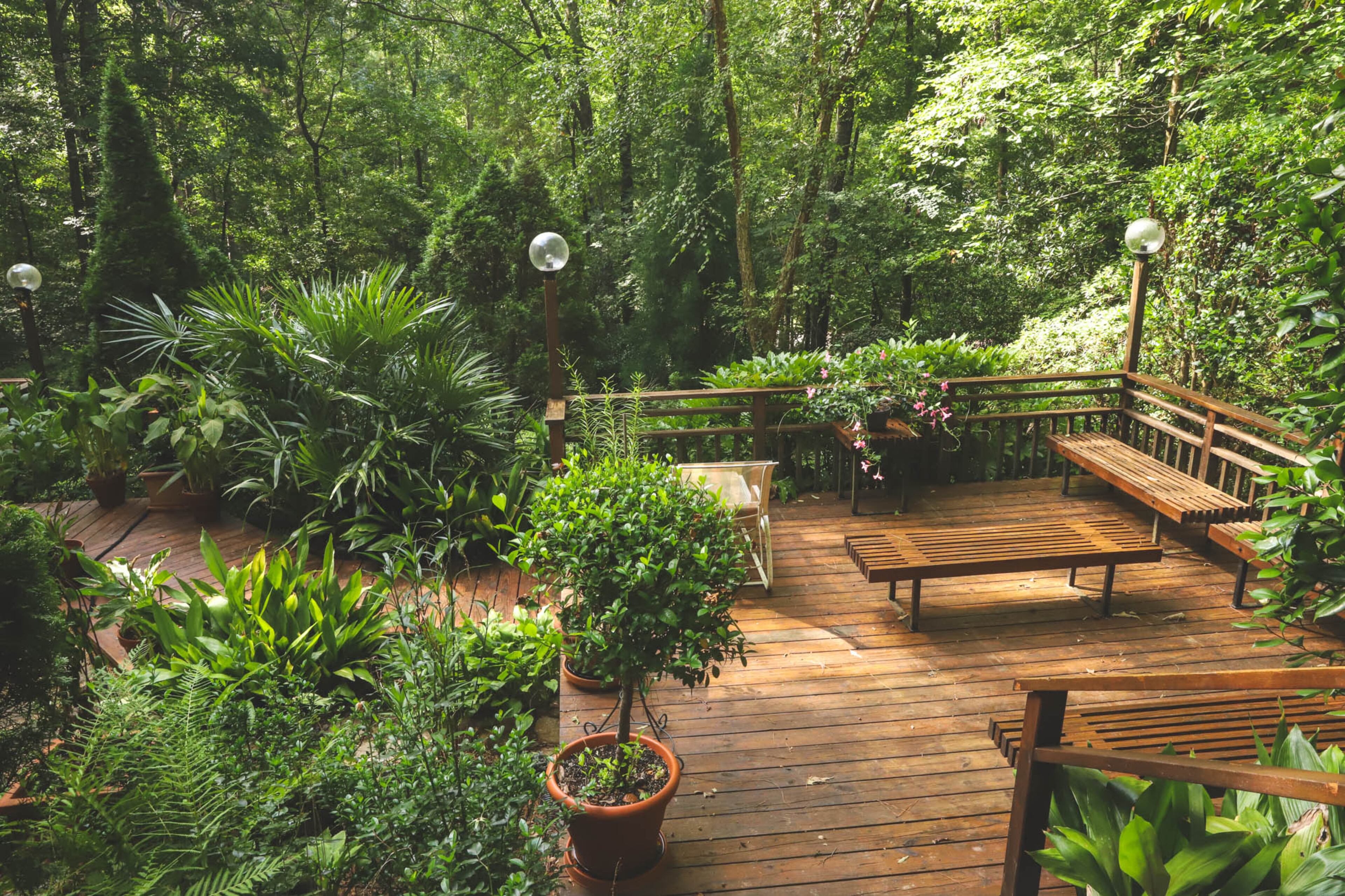 The gardens in the backyard of Hans Frabel and David Copeland’s backyard vary in theme and style as you move through them, and you could make your way all around the house following the backyard paths. Two dining areas, a Japanese garden, an Italian-style area and a party deck can all be found among the plants. Text by Shannon Dominy/Photo by Reynolds Rogers