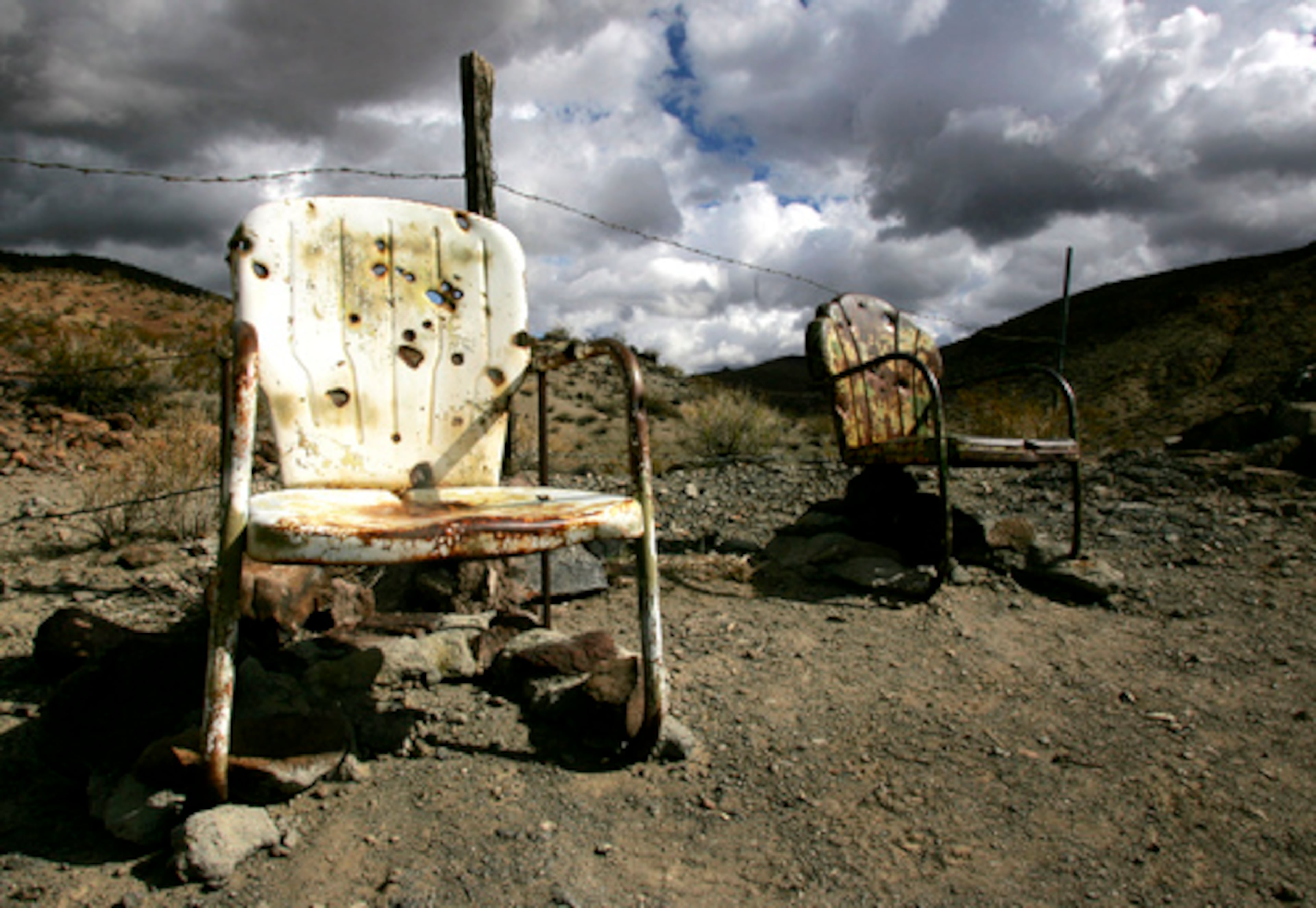 Original lookout chairs used by Manson family members still stand sentinel above the abandoned ranch.