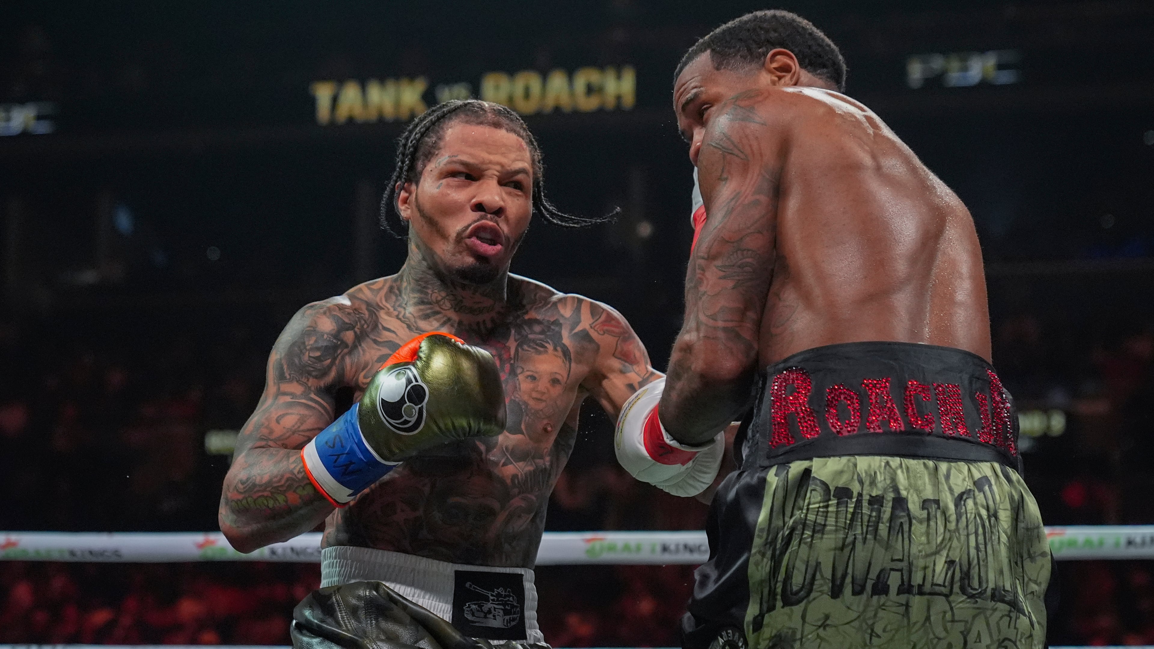 FILE - Gervonta Davis, left, punches Lamont Roach during the third round of a WBA lightweight championship boxing bout Saturday, March 1, 2025, in New York. (AP Photo/Frank Franklin II, File)
