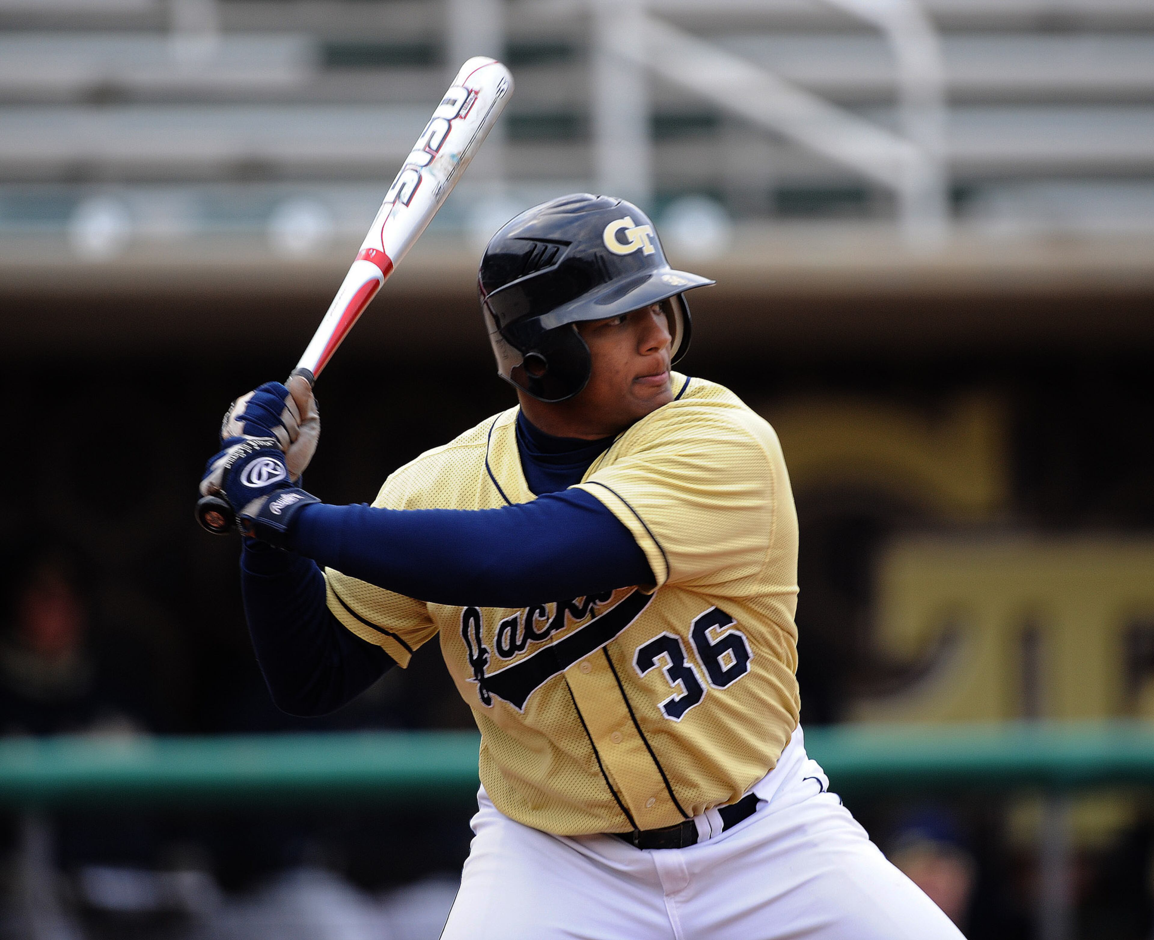 100216 - Atlanta - Georgia Tech's Roddy Jones, a starting A-back on the football team, waits for his pitch while at bat during Georgia Tech baseball practice on Tuesday, February 16, 2010. He's an outfielder on the baseball team. Photo by Johnny Crawford/jcrawford@ajc.com.