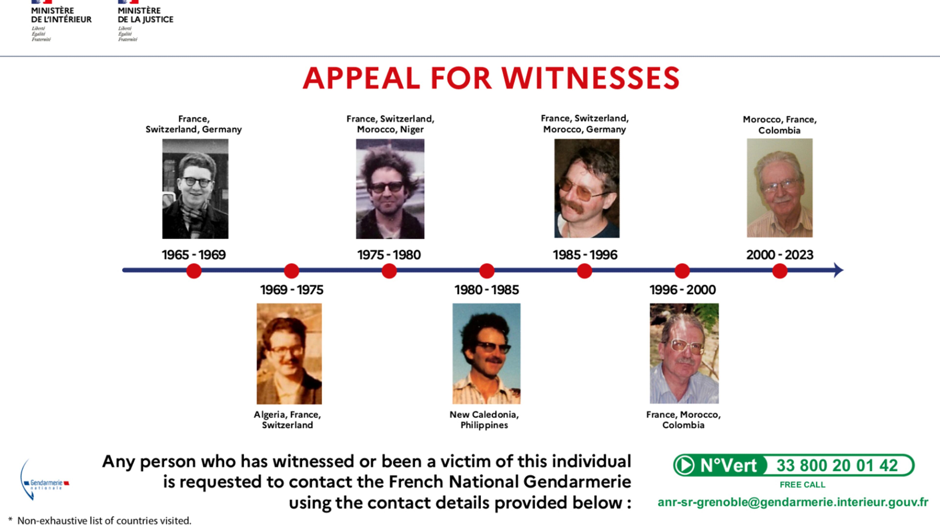 This Gendarmerie appeal published Monday, Feb. 10, 2026 on the Ministry of Interior website shows a call for witnesses in the Laveugle case. French authorities have revealed the identity of a 79-year-old man accused of raping and sexually assaulting 89 minors over five decades. (Gendarmerie Nationale via AP)