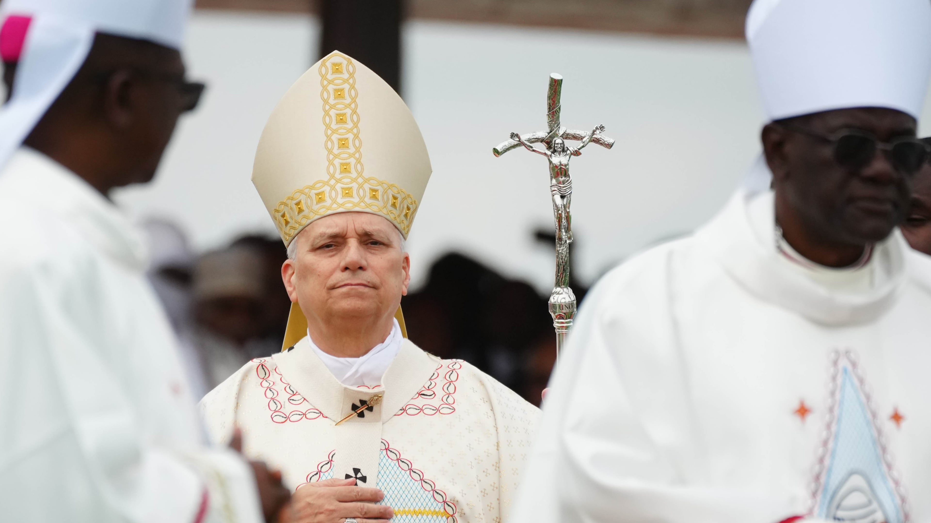 Pope Leo XIV arrives in procession to celebrate Mass at Yaounde Ville Airport, Cameroon, Saturday, April 18, 2026 on the sixth day of his 11-day pastoral visit to Africa. (AP Photo/Andrew Medichini)