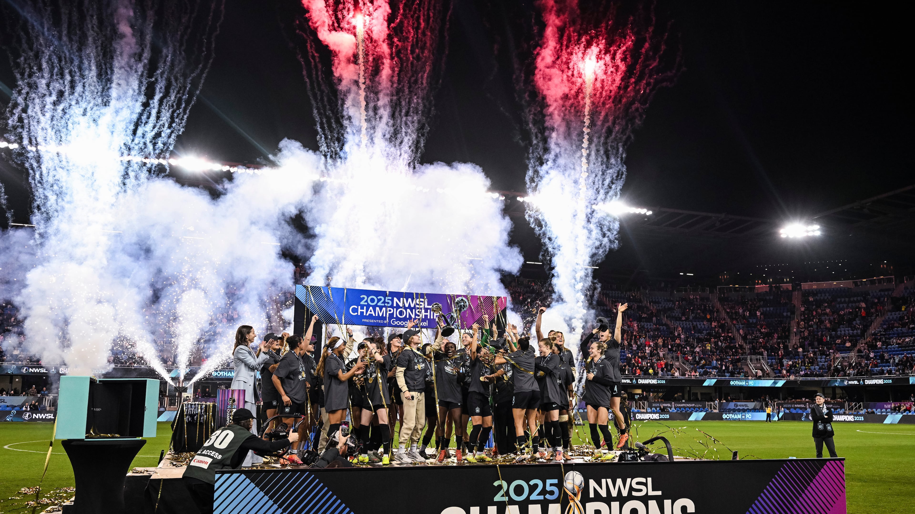 FILE - NJ/NY Gotham FC lift the NWSL championship trophy after defeating the Washington Spirit in a NWSL women's championship soccer match, Nov. 22, 2025, in San Jose, Calif. (AP Photo/Justine Willard, File)