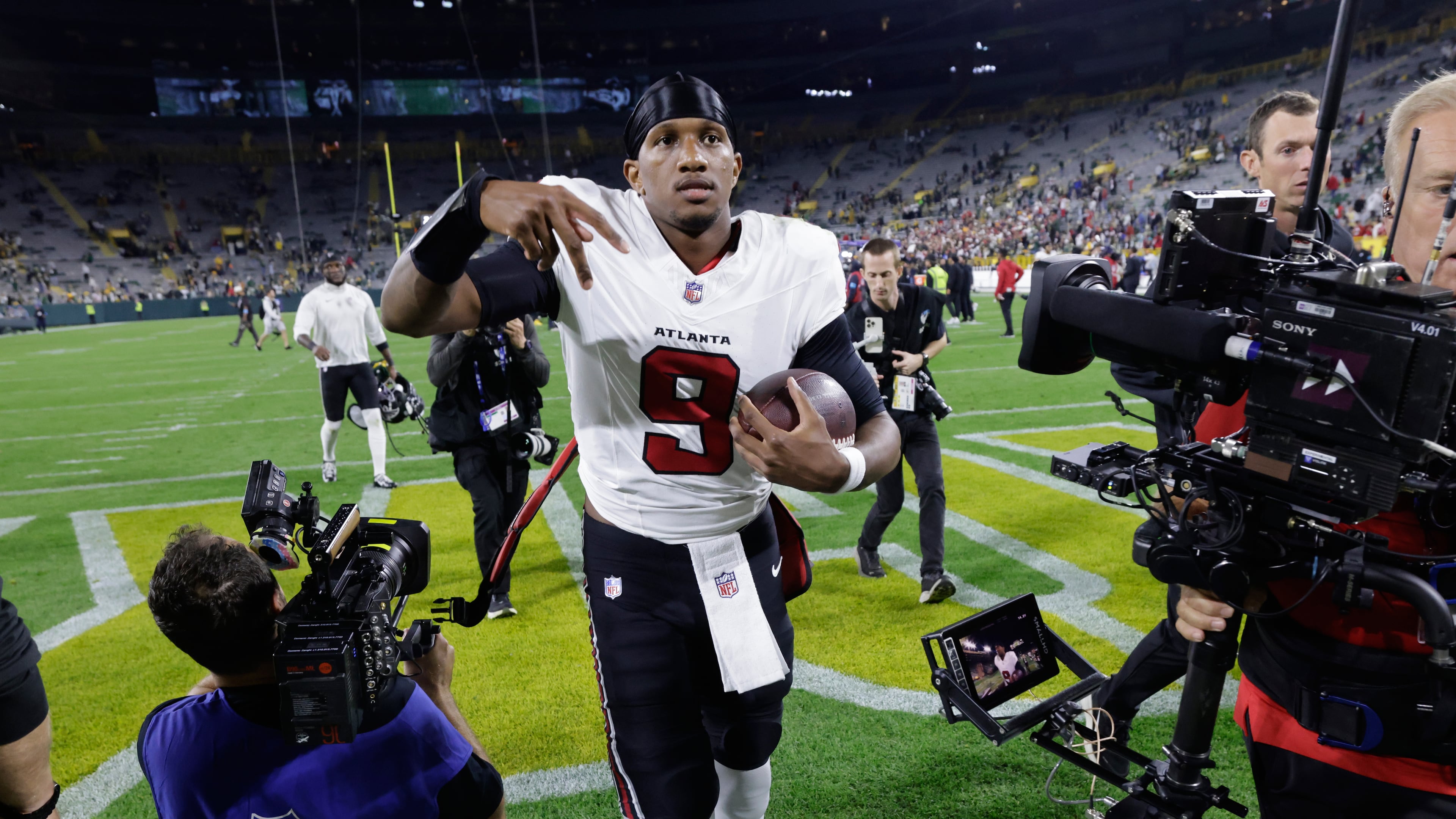 Falcons quarterback Michael Penix Jr. walks off the field following a win over the Packers on Thursday, Sept. 24, 2026, in Green Bay, Wis. Penix’s triumphant return has changed the outlook for the Falcons. (Mike Roemer/AP)