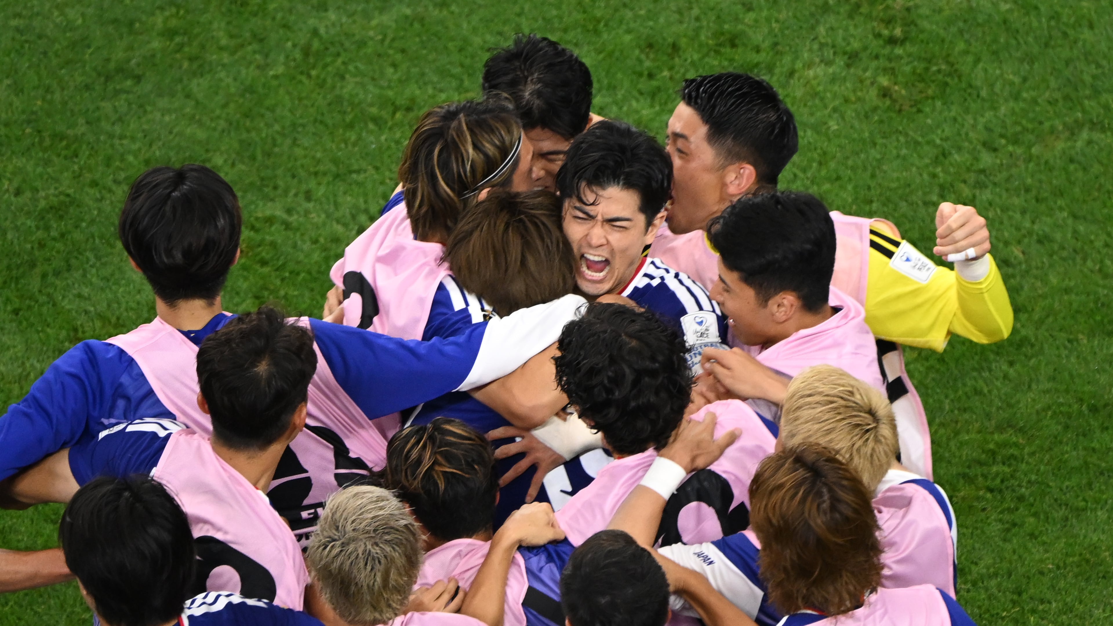 Japan celebrates a goal during the World Cup Group F soccer match between the Netherlands and Japan in Arlington, Texas, near Dallas, Sunday, June 14, 2026. (AP Photo/Jessica Tobias)