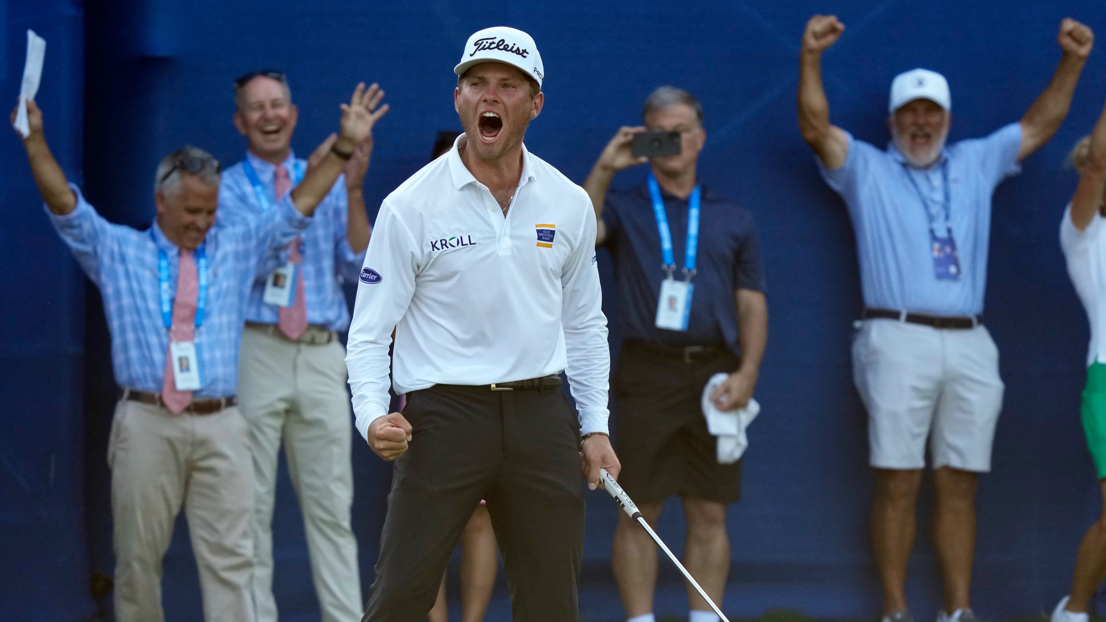 Michael Brennan reacts after winning the Wyndham Championship golf tournament in Greensboro, N.C., Sunday, Aug. 9, 2026. (AP Photo/Chuck Burton)