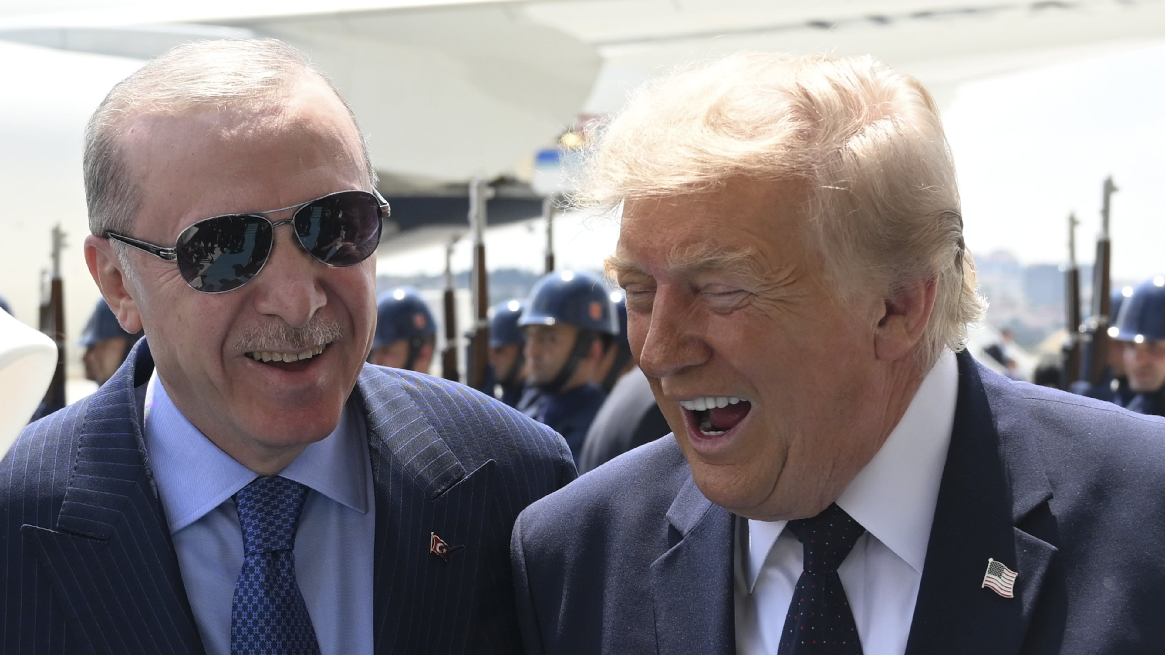 President Donald Trump, right, speaks with Turkish President Recep Tayyip Erdogan as he arrives for the NATO summit in Ankara, Turkey, Tuesday, July 7, 2026. (Doğukan Keskinkılıç, Pool Photo via AP)