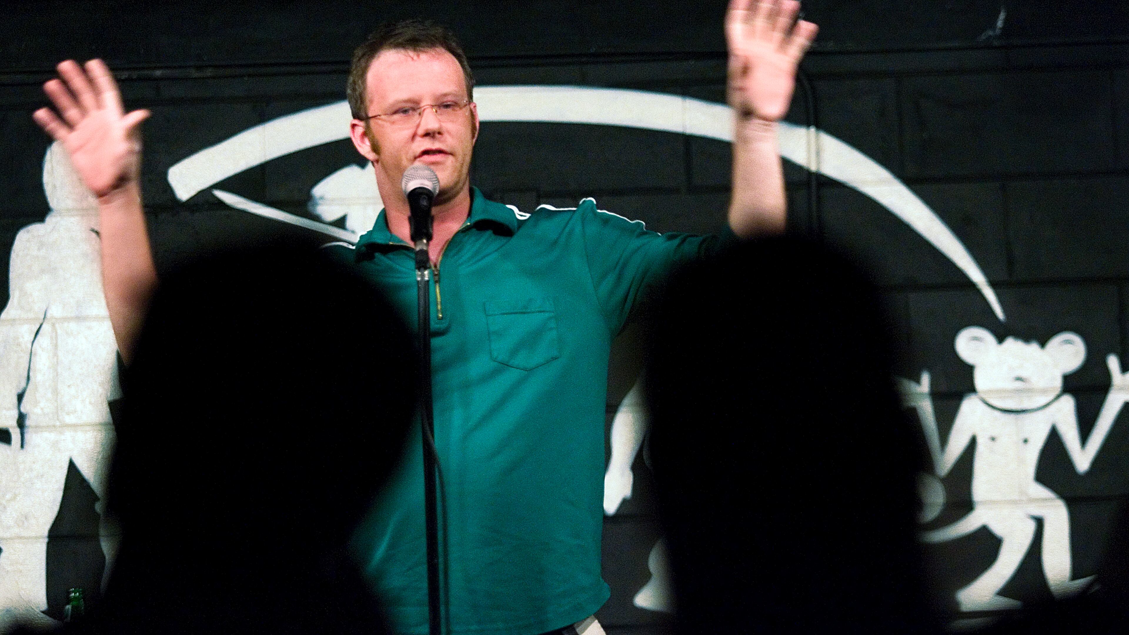 080612 ATLANTA-- Matt Pharr (cq) perfoms during the weekly Under-Promoted Comedy Show at Relapse Theatre in Atlanta on Thursday, June 12, 2008. Owner Bob Wood said he opened the venue--in what was once a church and homeless shelter on 14th Street--to give local comedians, actors and others a place to perform. Allen Sullivan / AJC