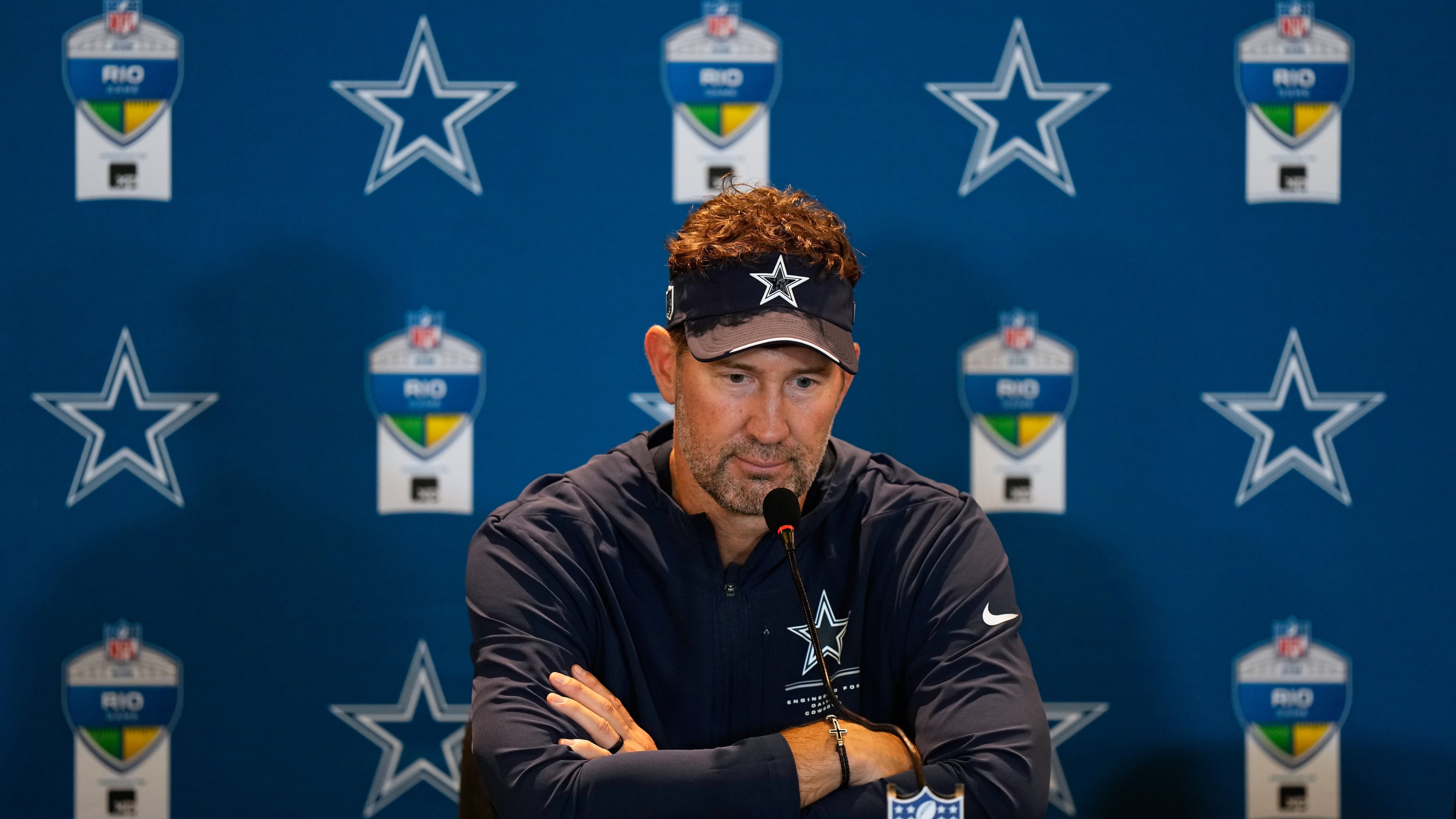 Dallas Cowboys head coach Brian Schottenheimer speaks during a press conference after an NFL football game against the Baltimore Ravens in Rio de Janeiro, Sunday, Sept. 27, 2026. (AP Photo/Fernando Llano)