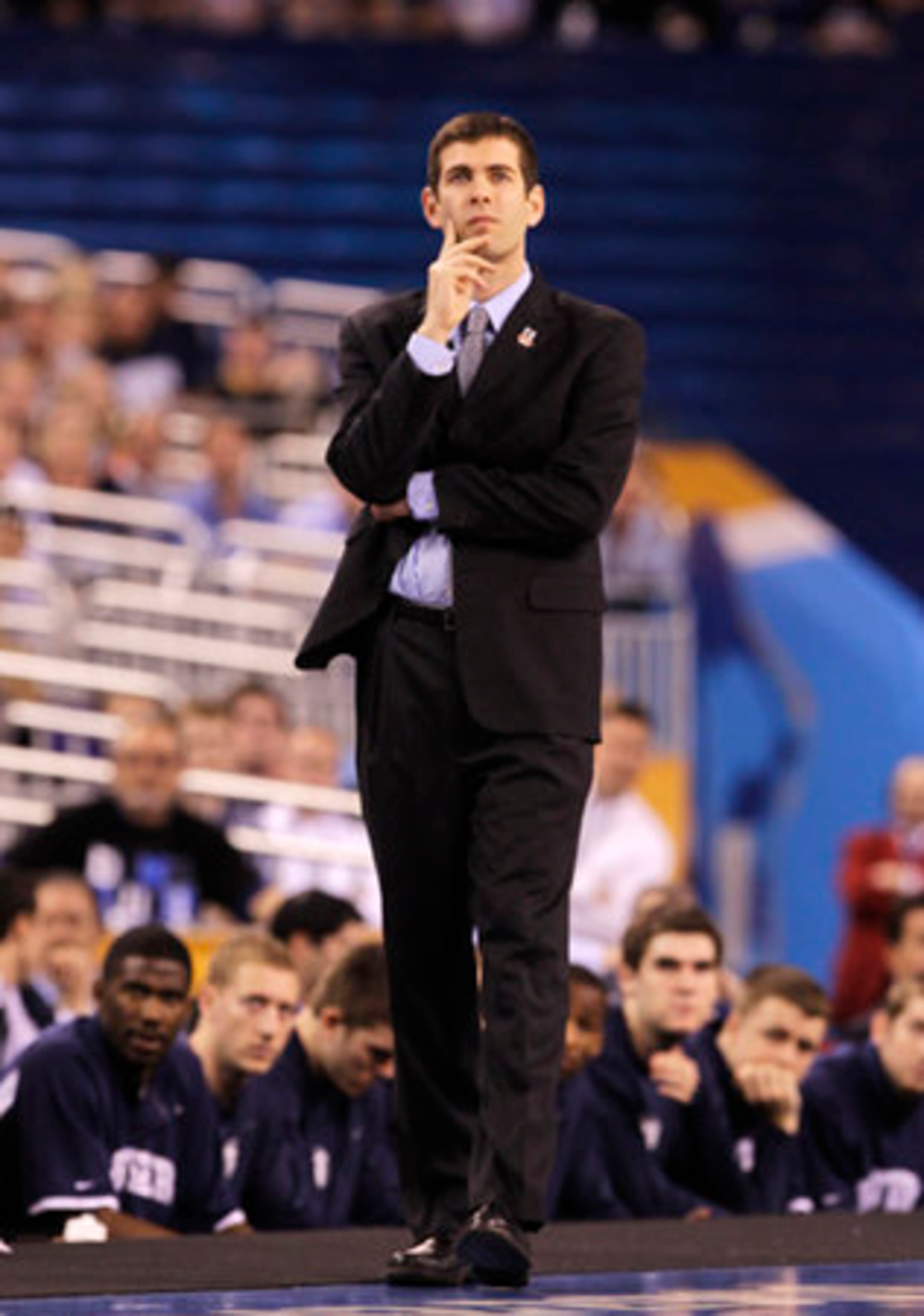 Butler head coach Brad Stevens watches his team against Duke during the first half of the men's NCAA Final Four college basketball championship game Monday, April 5, 2010, in Indianapolis.