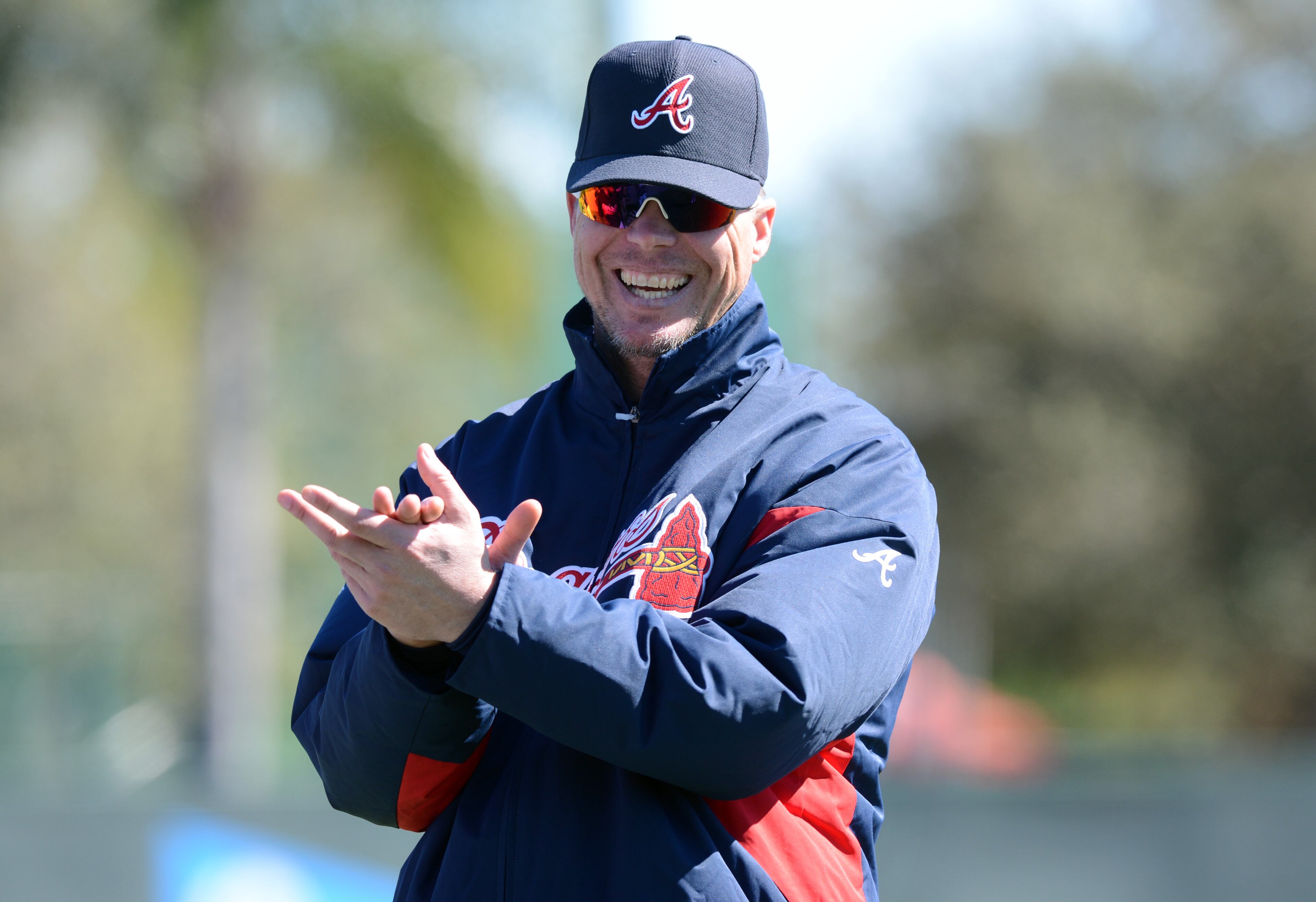 February 17, 2013 Lake Buena Vista, Fl: Atlanta Braves' retired third baseman Chipper Jones reacts during the third full squad workout at Champion Stadium in the ESPN Wide World of Sports Complex in Lake Buena Vista, Fl., on Sunday, Feb. 17, 2013. HYOSUB SHIN / HSHIN@AJC.COM