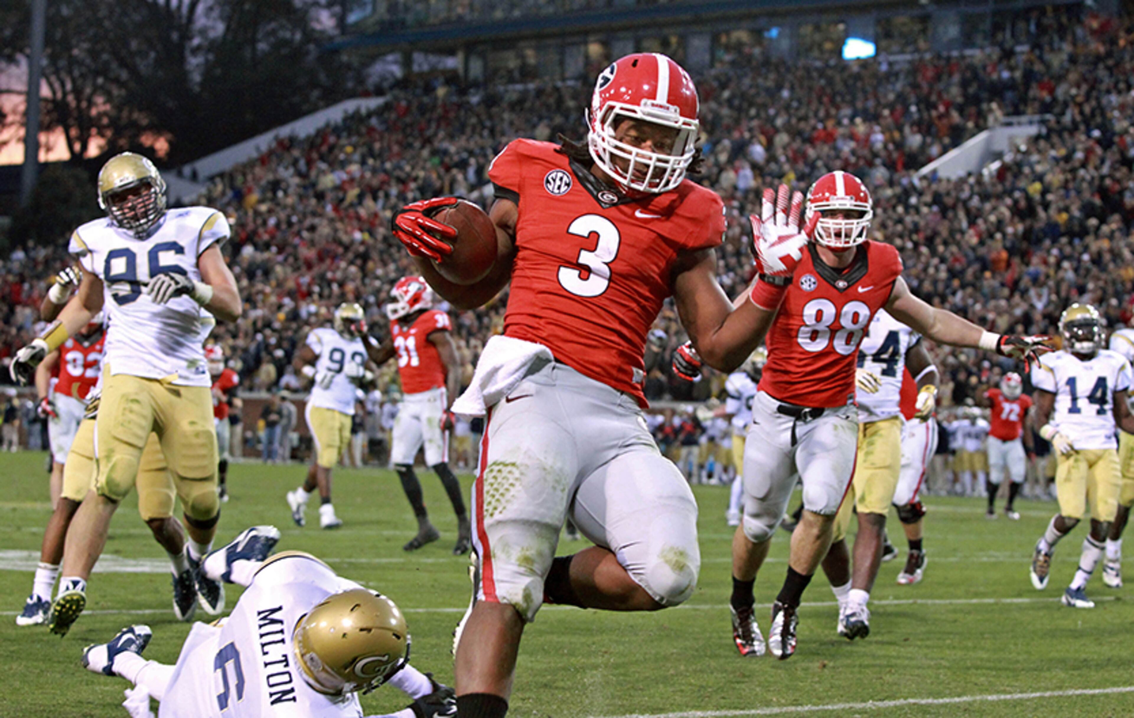 Nov. 30, 2013, Georgia at Georgia Tech: Todd Gurley catches a touchdown and rushes for three more, including the game-winner during double overtime, in Atlanta.