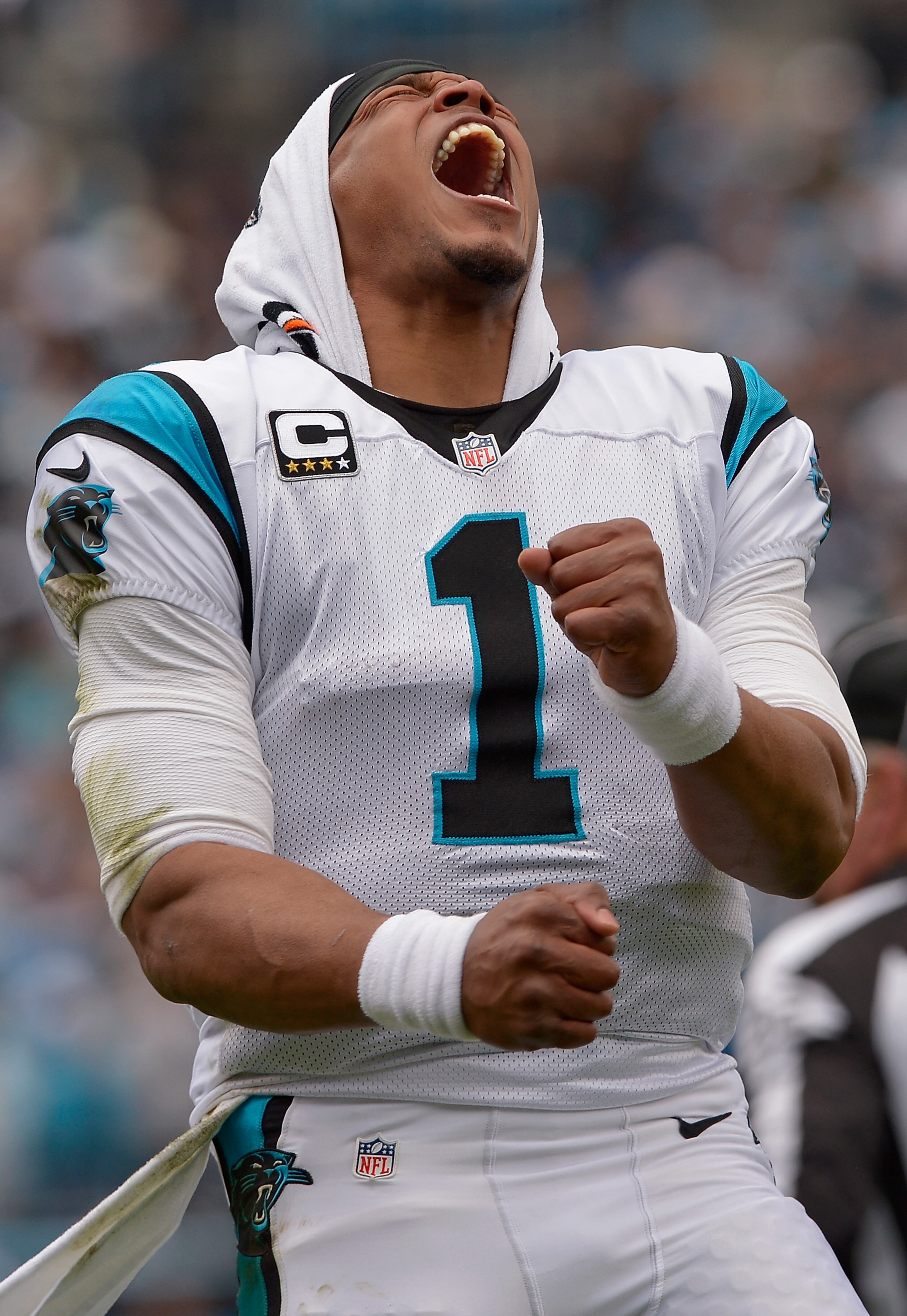 Cam Newton #1 of the Carolina Panthers celebrates during the first quarter of the NFC Divisional Playoff Game against the Seattle Seahawks at Bank of America Stadium on January 17, 2016 in Charlotte, North Carolina. (Photo by Grant Halverson/Getty Images)