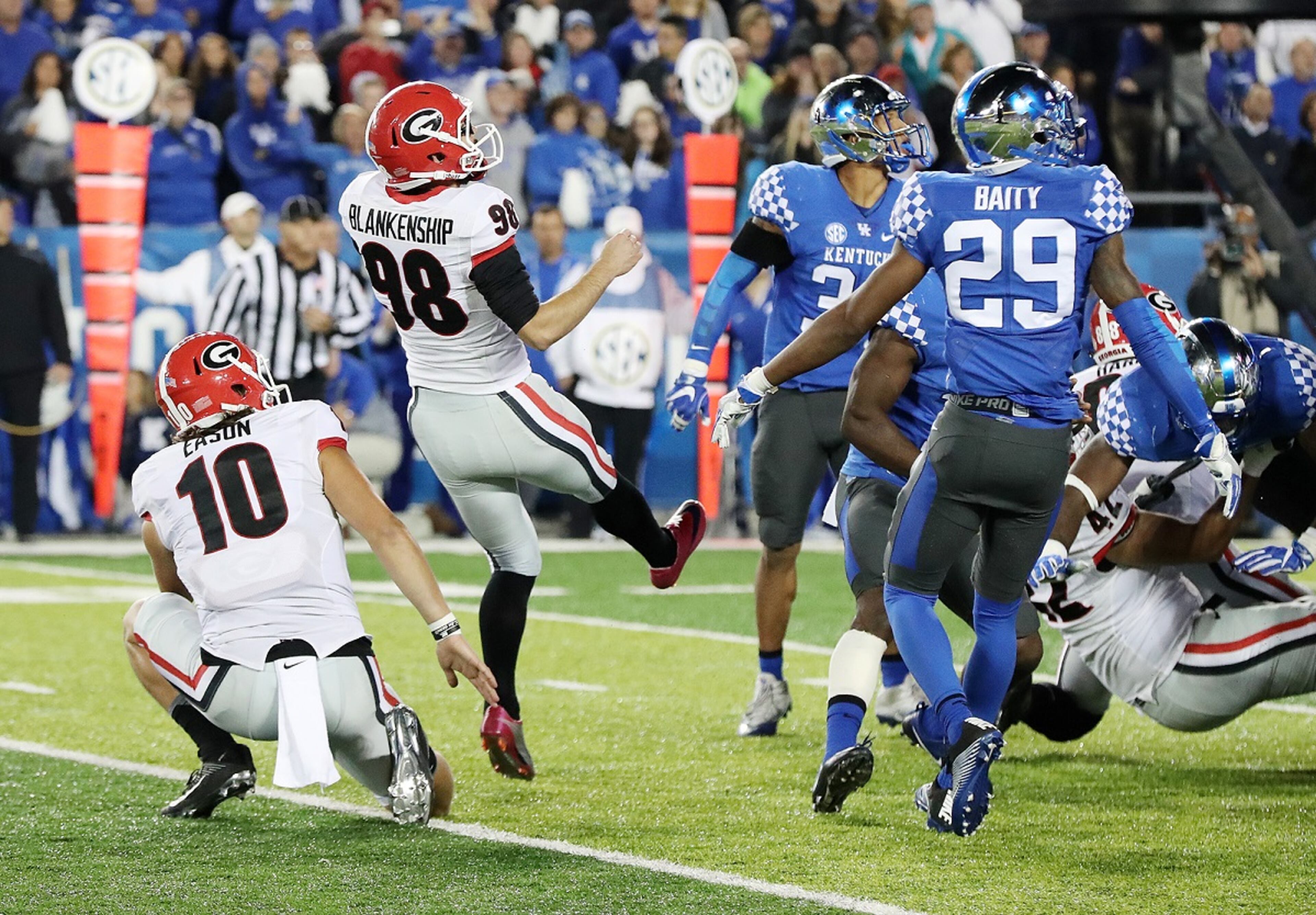 November 5, 2016, LEXINGTON: ââ¬â GAME WINNER ââ¬â Georgia redshirt freshman kicker Rodrigo Blankenship makes a field goal as time expires to beat Kentucky 27-24 in an NCAA college football game on Saturday, Nov. 5, 2016, in Lexington. Curtis Compton /ccompton@ajc.com