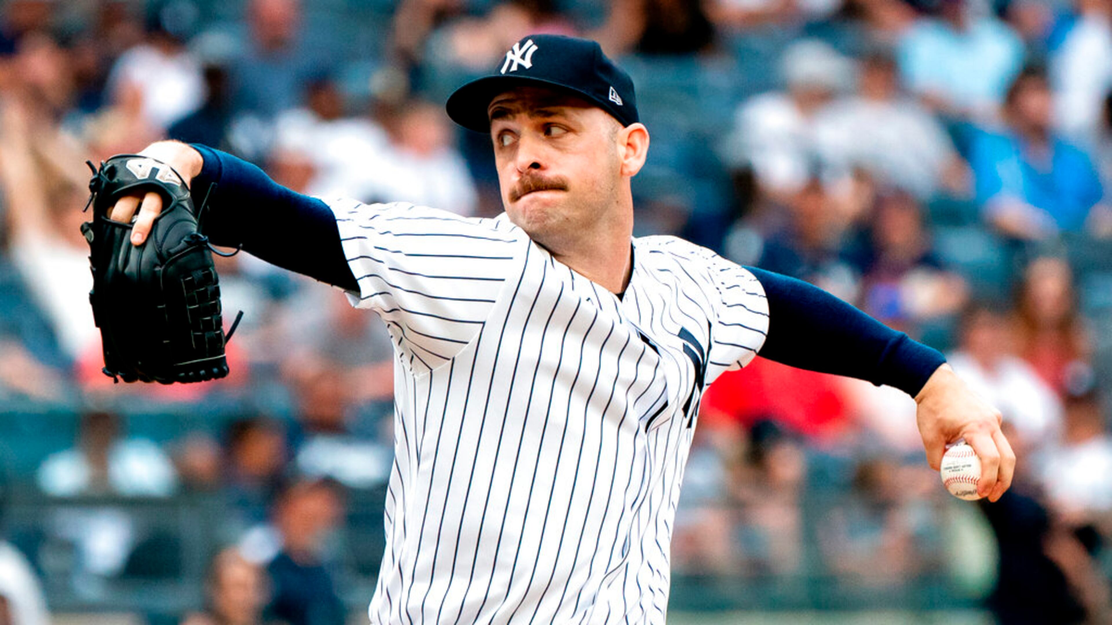 New York Yankees' pitcher Lucas Luetge throws during the eighth inning of a baseball game against the Boston Red Sox, Sunday, July 17, 2022, in New York. The Yankees won 13-2. (AP Photo/Julia Nikhinson)
