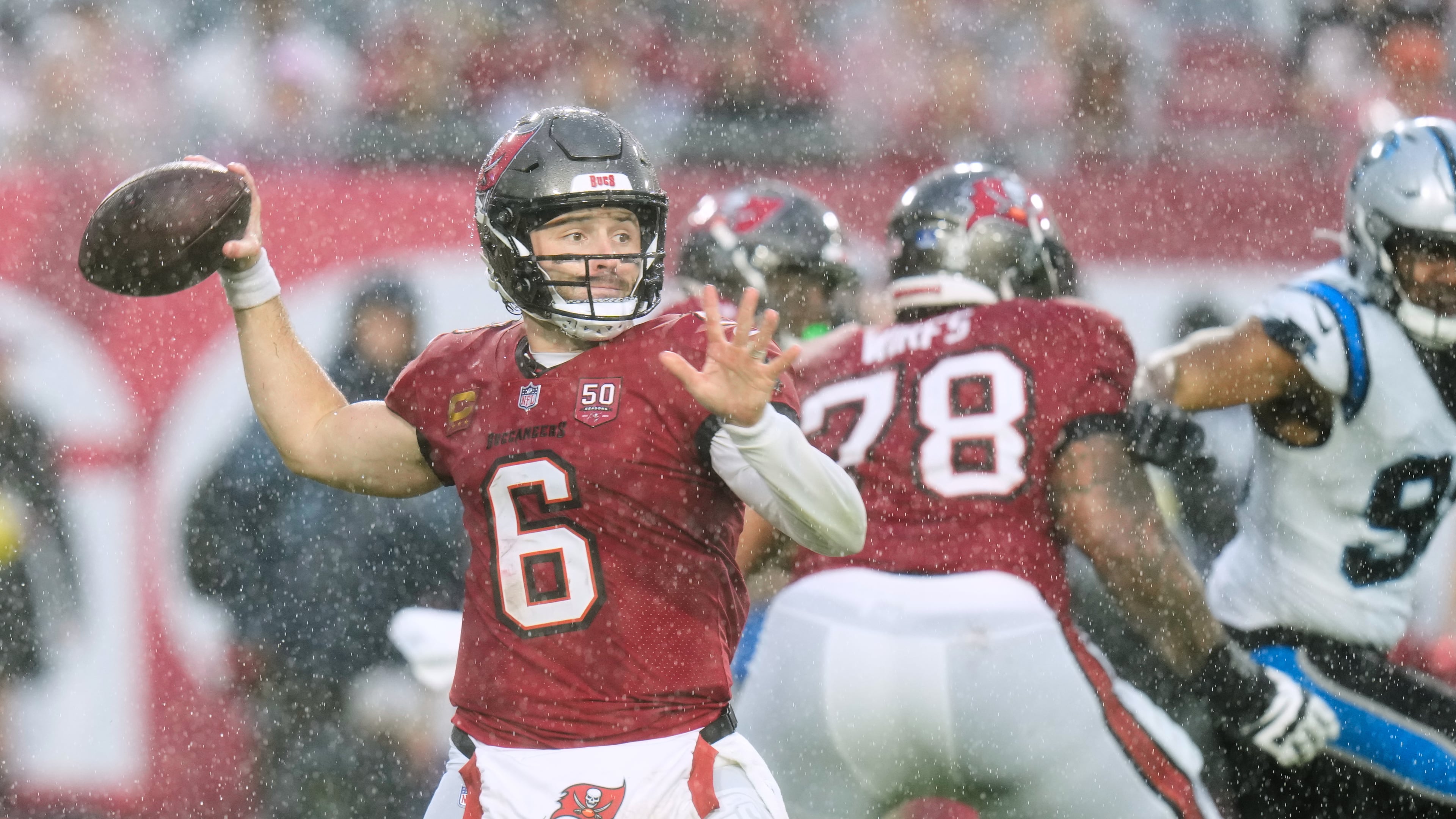 Tampa Bay Buccaneers quarterback Baker Mayfield (6) throws a pass during the first half of an NFL football game against the Carolina Panthers Saturday, Jan. 3, 2026, in Tampa, Fla. (AP Photo/Chris O'Meara)