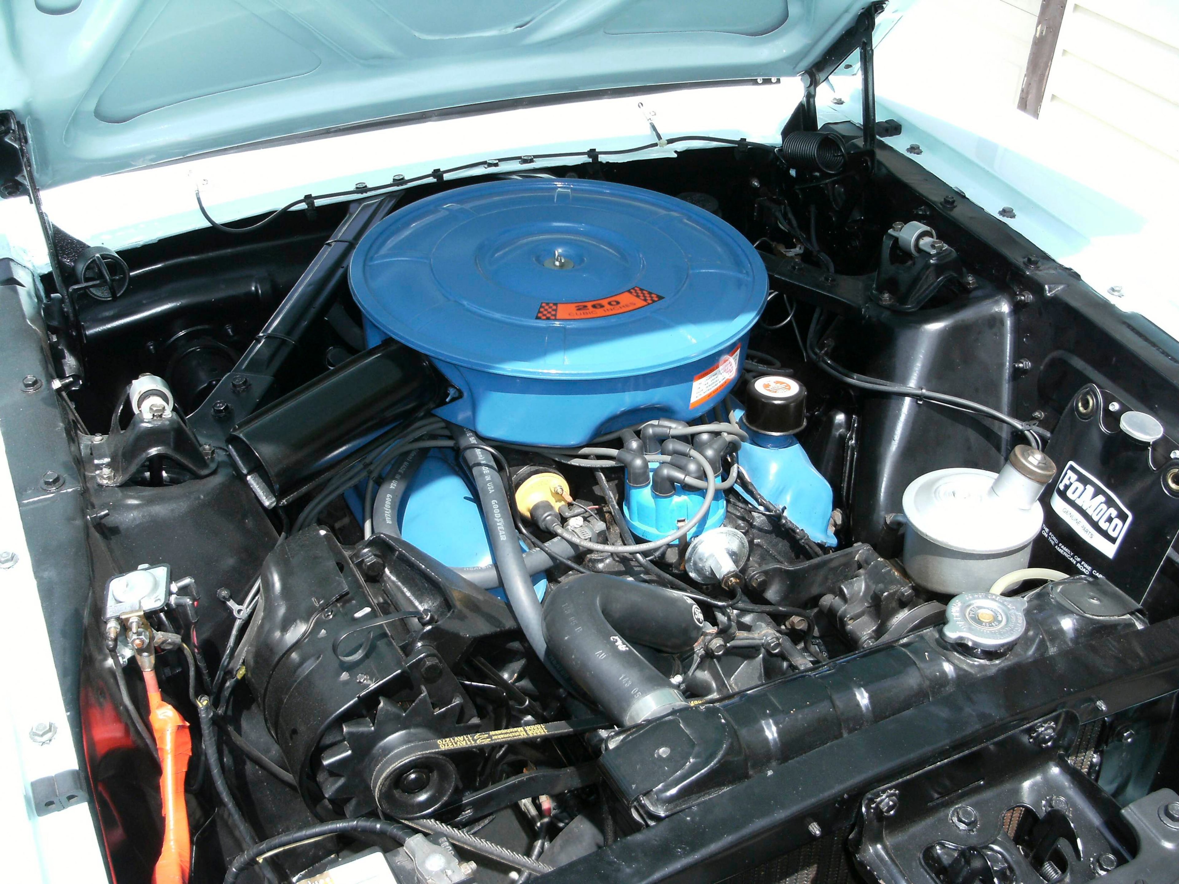 The 260 cubic inch V8, 164 horsepower engine of Gail's Wise Skylight Blue 1964 1/2 Ford Mustang convertible is seen after its restoration in Park Ridge, Illinois in 2007. Gail Wise, then using her maiden name of Gail Brown, made the first known retail purchase of a Mustang on April 15, 1964, two days before the model went on sale.The car was garaged in 1979, until its restoration 27 years later. Picture taken in 2007. REUTERS/Courtesy of Tom and Gail Wise/Handout via Reuters