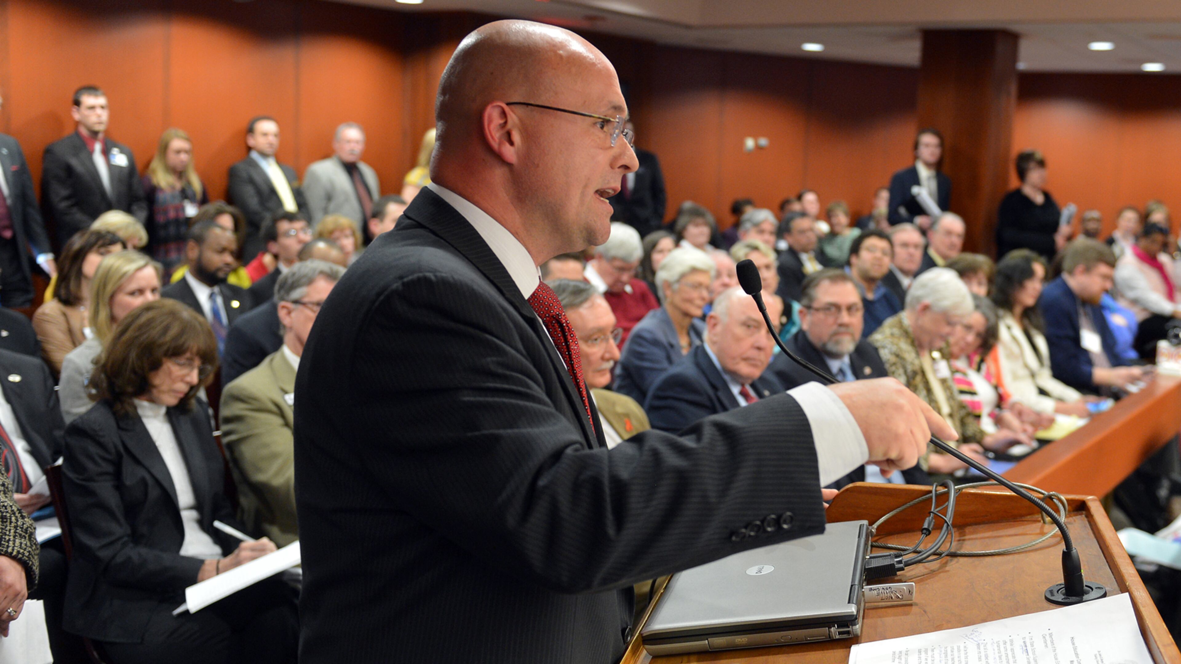 State schools Superintendent John Barge defends Georgia's adoption of Common Core to the House Committee on Education on March 5, 2014.