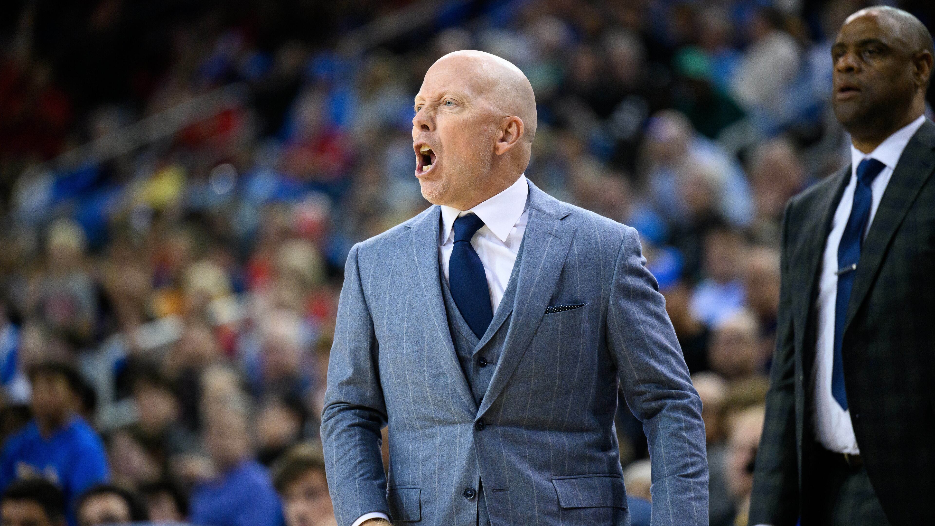UCLA head coach Mick Cronin reacts during the first half of an NCAA college basketball game against Nebraska, Tuesday, March 3, 2026, in Los Angeles. (AP Photo/William Liang)