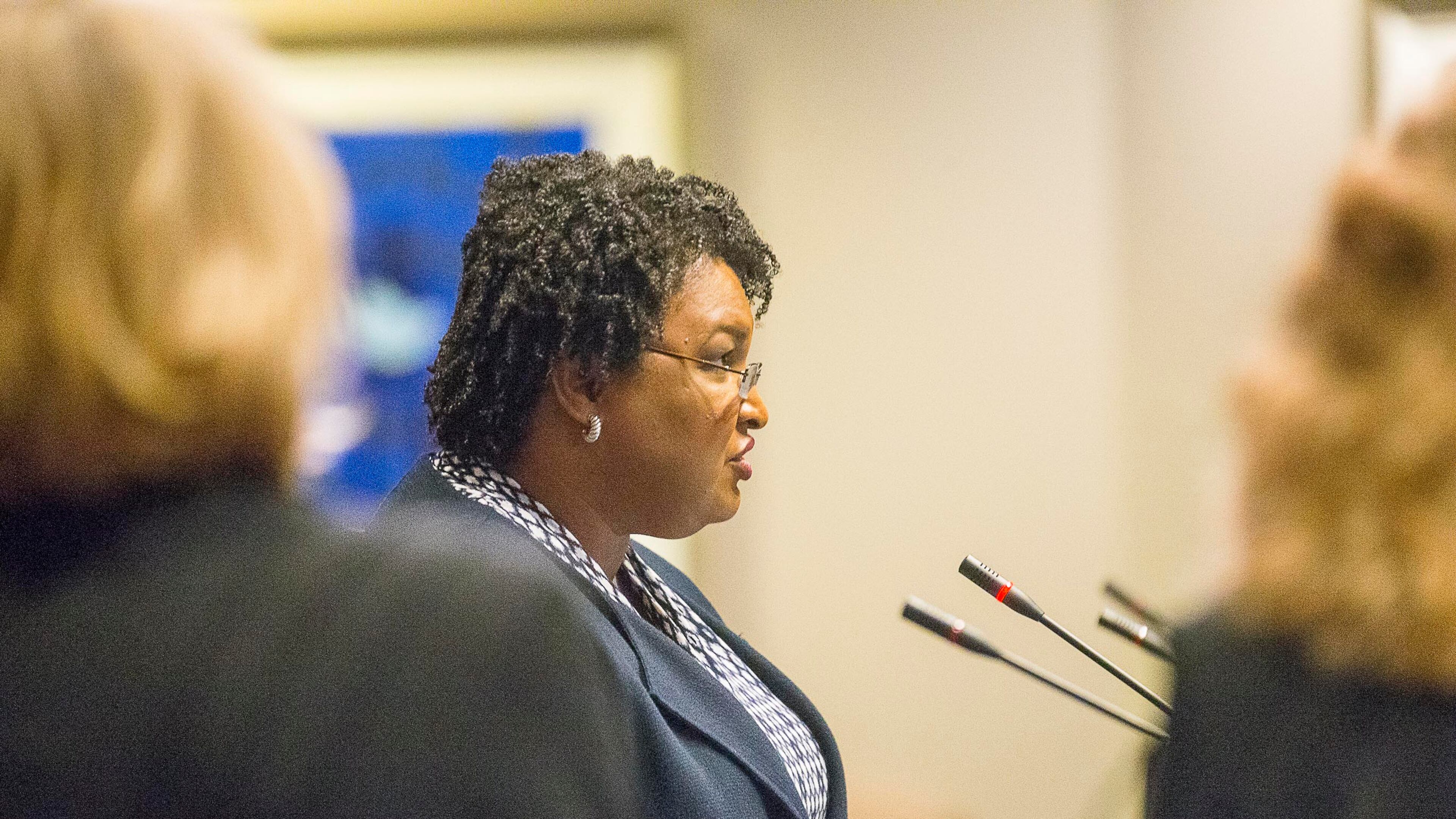 02/19/2019 -- Atlanta Georgia -- Fair Fight Action founder and Chair Stacey Abrams testifies about voting rights in Georgia during a field hearing on voting rights and difficulties facing voters in front of the United States House Administration Committee's elections subcommittee, chaired by U.S. Rep. Marcia Fudge, D-Ohio, at the Jimmy Carter Presidential Center in Atlanta, Tuesday, February 19, 2019. (ALYSSA POINTER/ALYSSA.POINTER@AJC.COM)