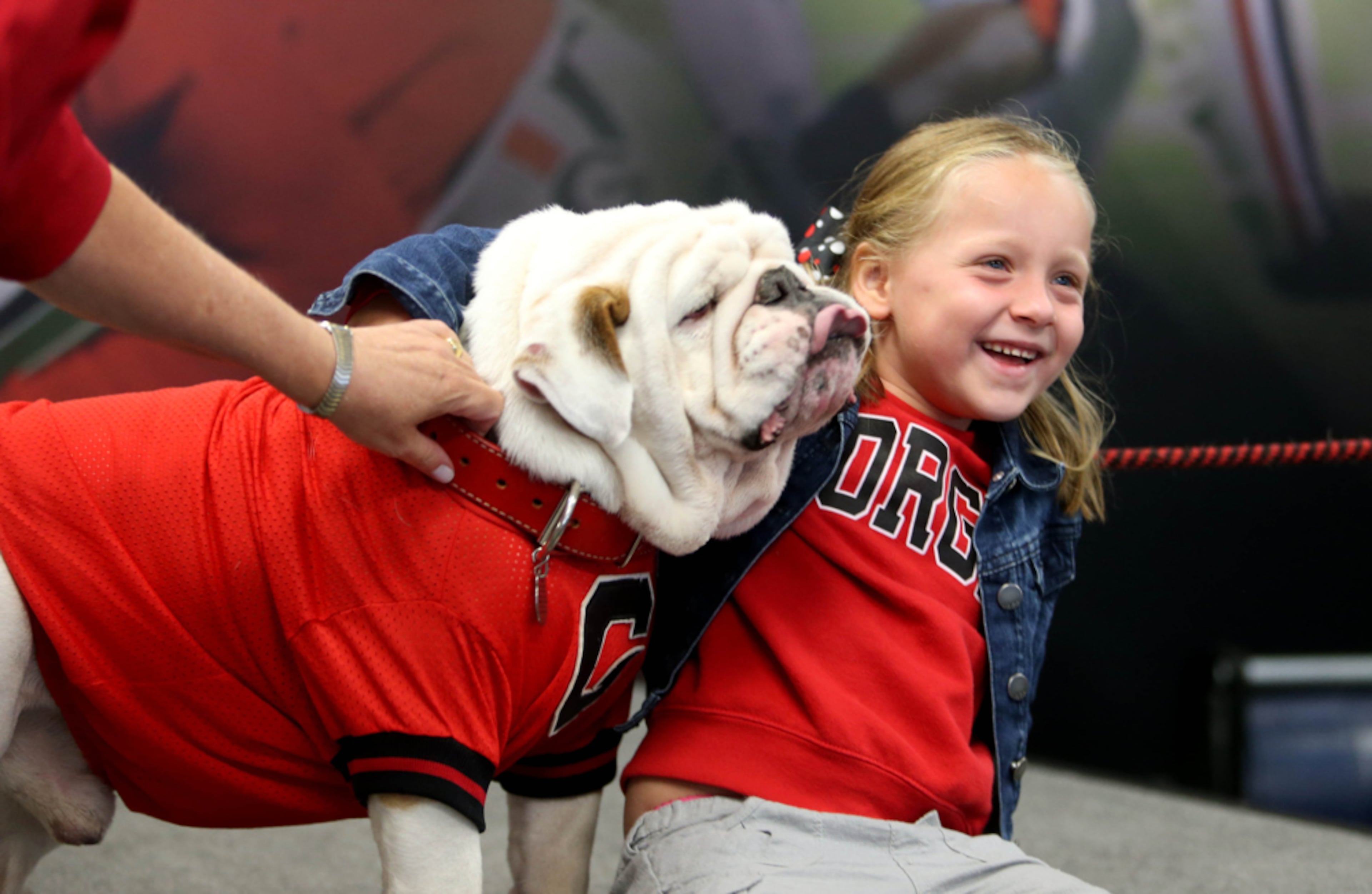PRINT PRIORITY. August 17, 2013 - Athens, Ga: UGA IX licks Georgia fan Aidan Williams, 6, of Athens, during Georgia Fan Day at Sanford Stadium at the University of Georgia Saturday afternoon in Athens, Ga., August 17, 2013. Getz said, "As the AJC Georgia football photographer for the 2013 season, I felt like it wouldn't be right if I didn't get a fan of UGA licking a fan." JASON GETZ / JGETZ@AJC.COM