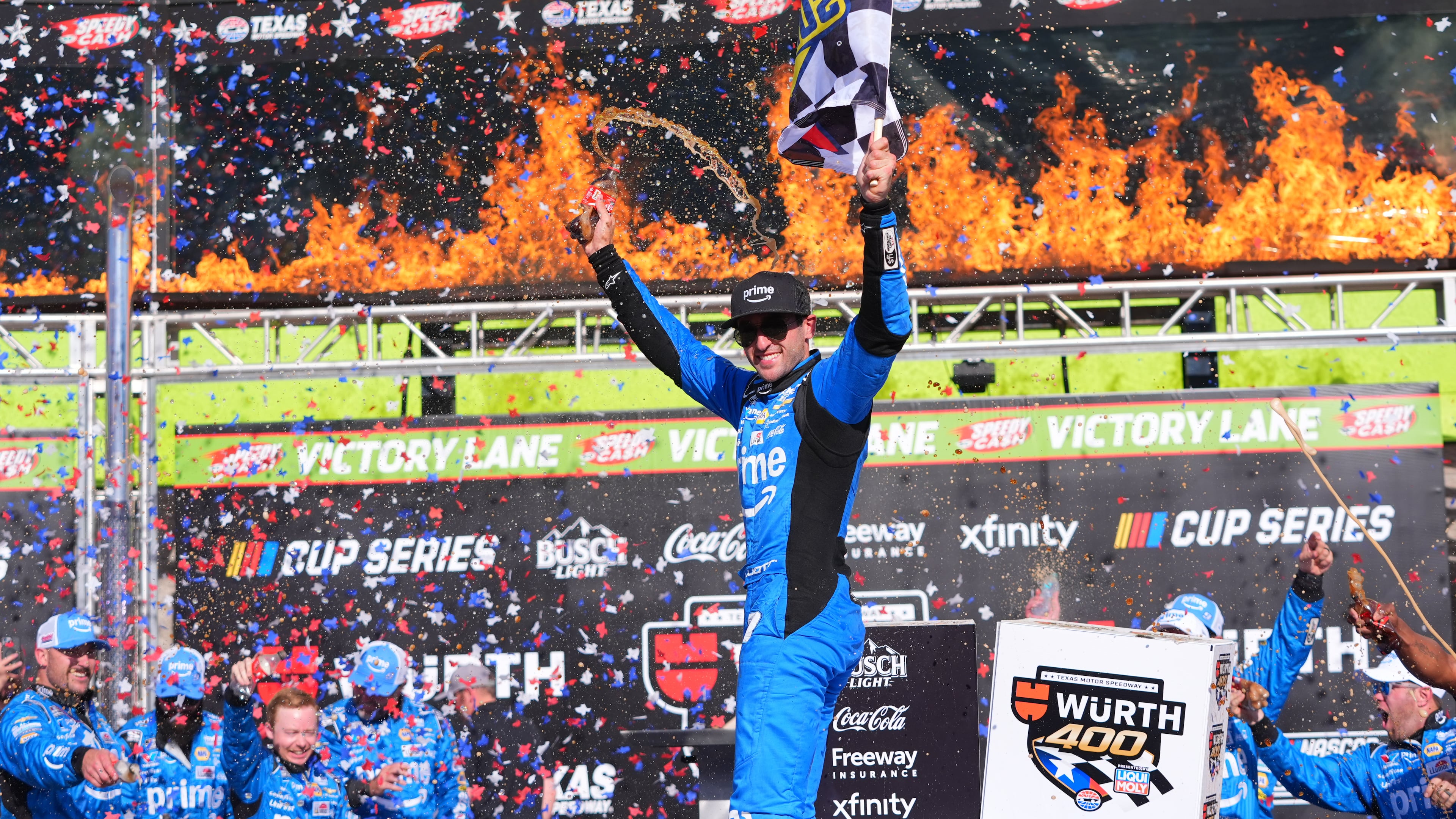 Chase Elliott celebrates after winning a NASCAR Cup Series auto race in Fort Worth, Texas, Sunday, May 3, 2026. (AP Photo/LM Otero)