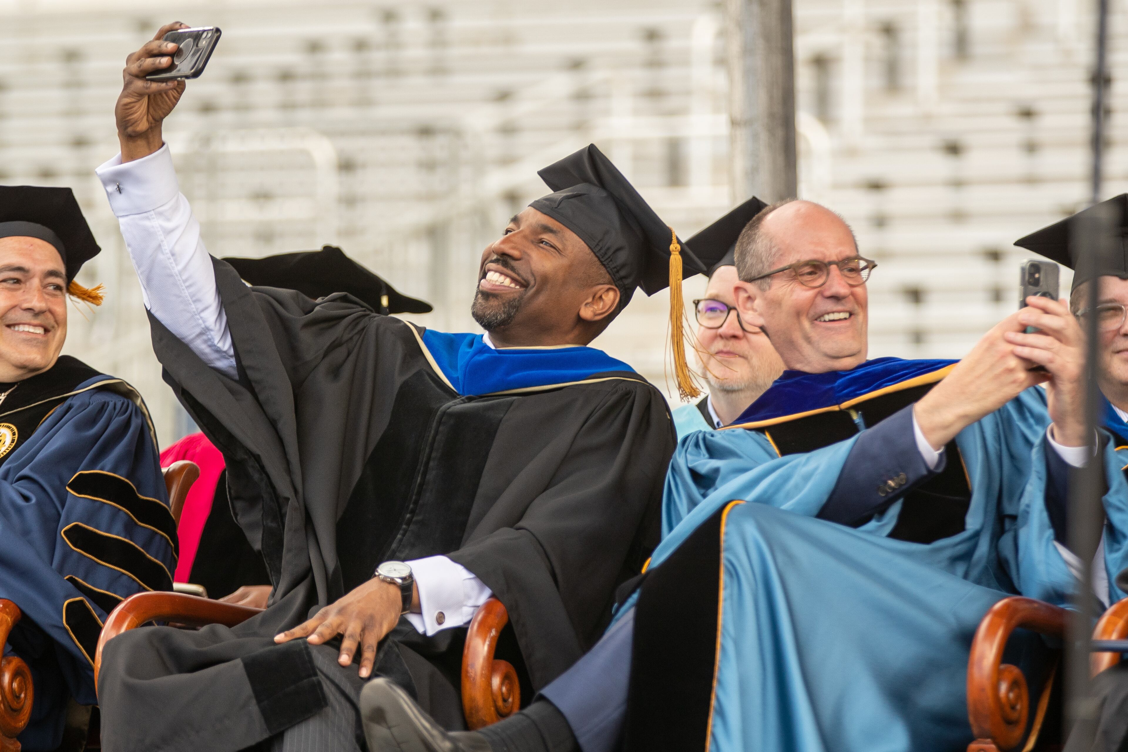 Atlanta Mayor Andre Dickens takes a selfie after delivering the commencement speech during the Georgia Institute of Technology's afternoon graduation ceremony at Bobby Dodd Stadium Saturday, May 7, 2022. (Steve Schaefer / steve.schaefer@ajc.com)