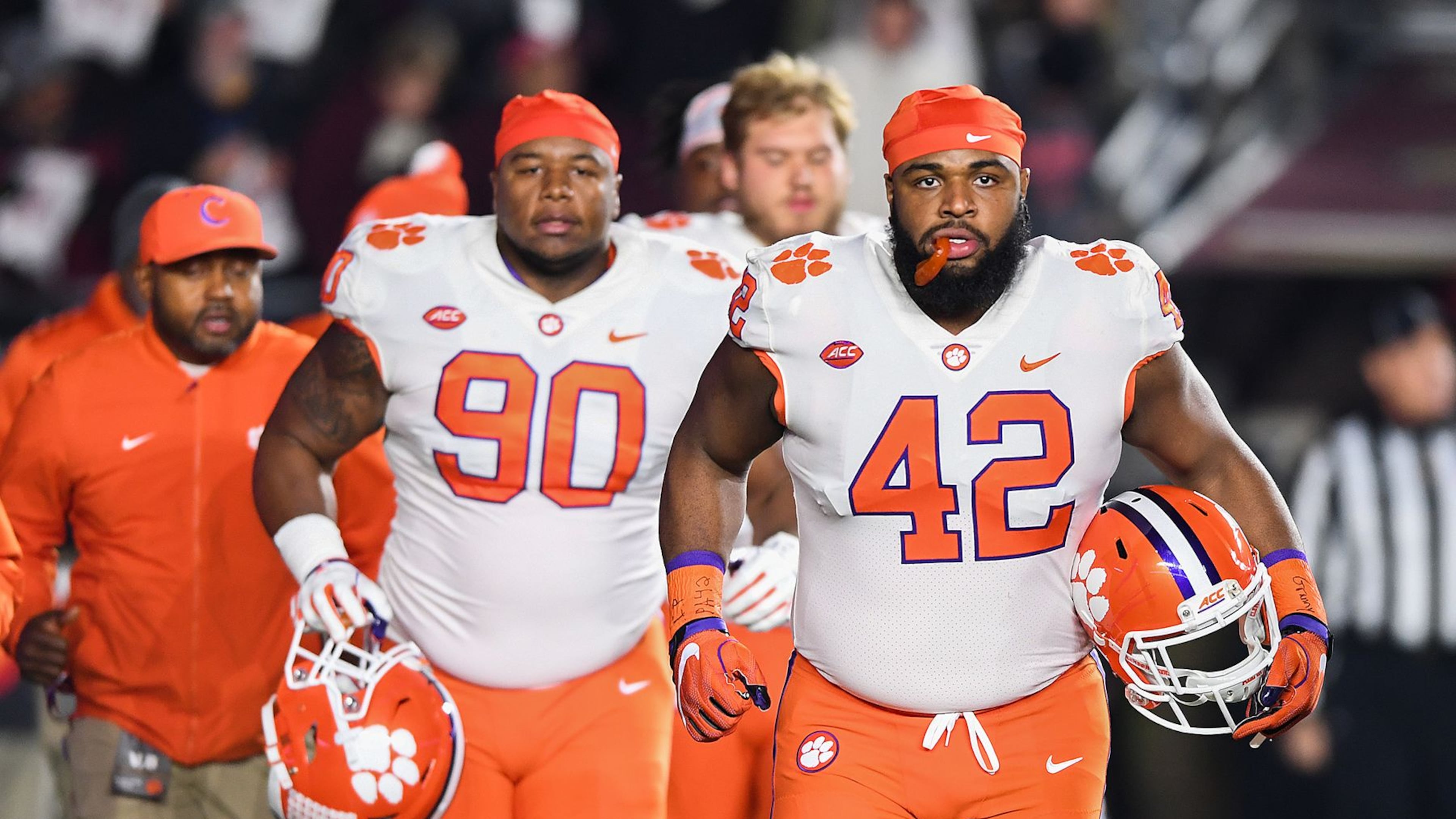 Clemson team captains defensive linemen Dexter Lawrence (90), left, and Christian Wilkins (42) at Boston College's Alumni Stadium in Chestnut Hill, MA. Saturday, November 10, 2018.