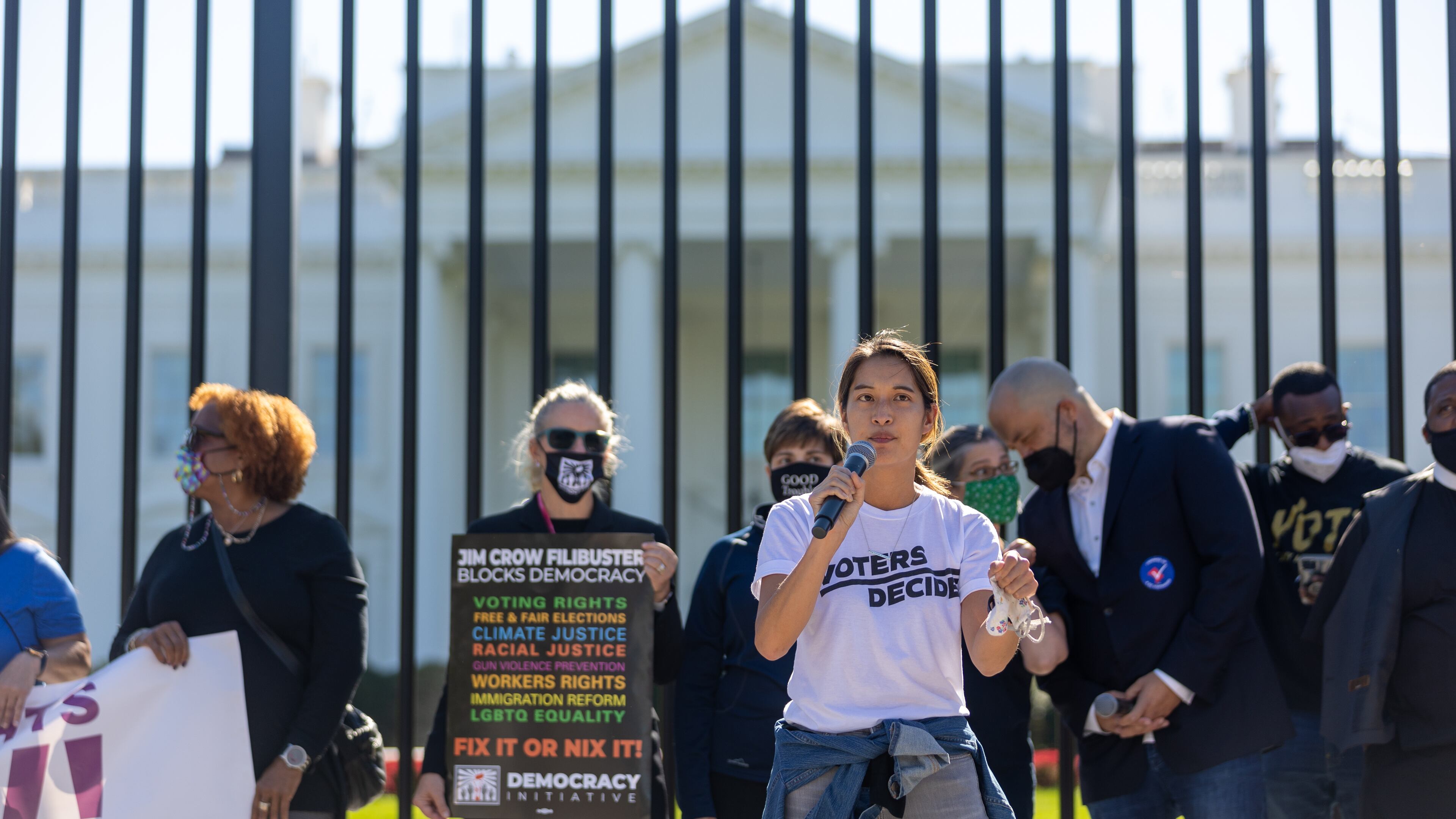 Bee Nguyen, a Georgia state representative and candidate for secretary of state, speaks Tuesday during a rally outside the White House about voting rights.