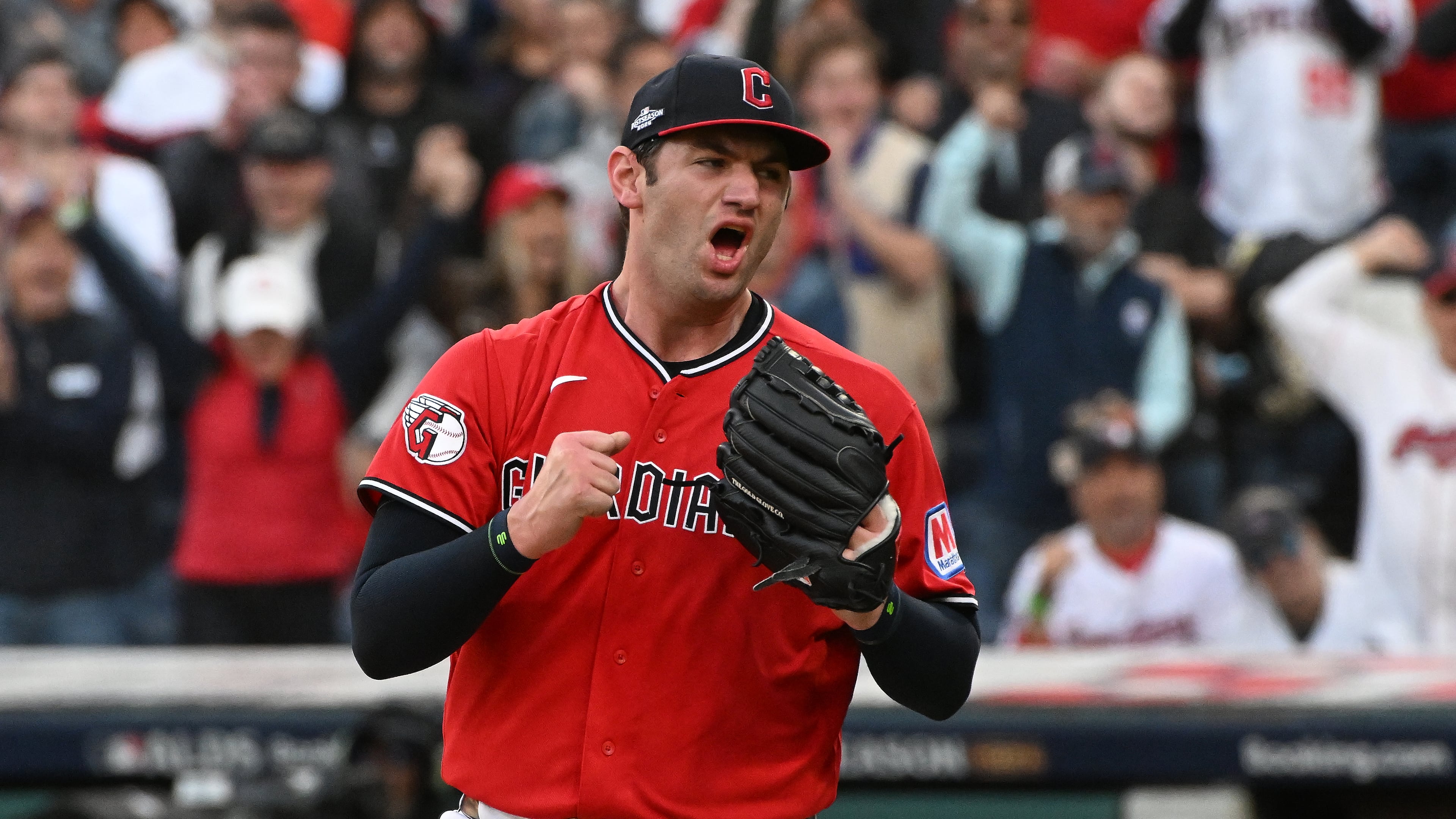 Cleveland Guardians starting pitcher Gavin Williams celebrates after completing the top of the fourth inning of Game 2 of baseball's American League Division Series against the Chicago White Sox, Monday, Oct. 5, 2026, in Cleveland. (AP Photo/Phil Long)