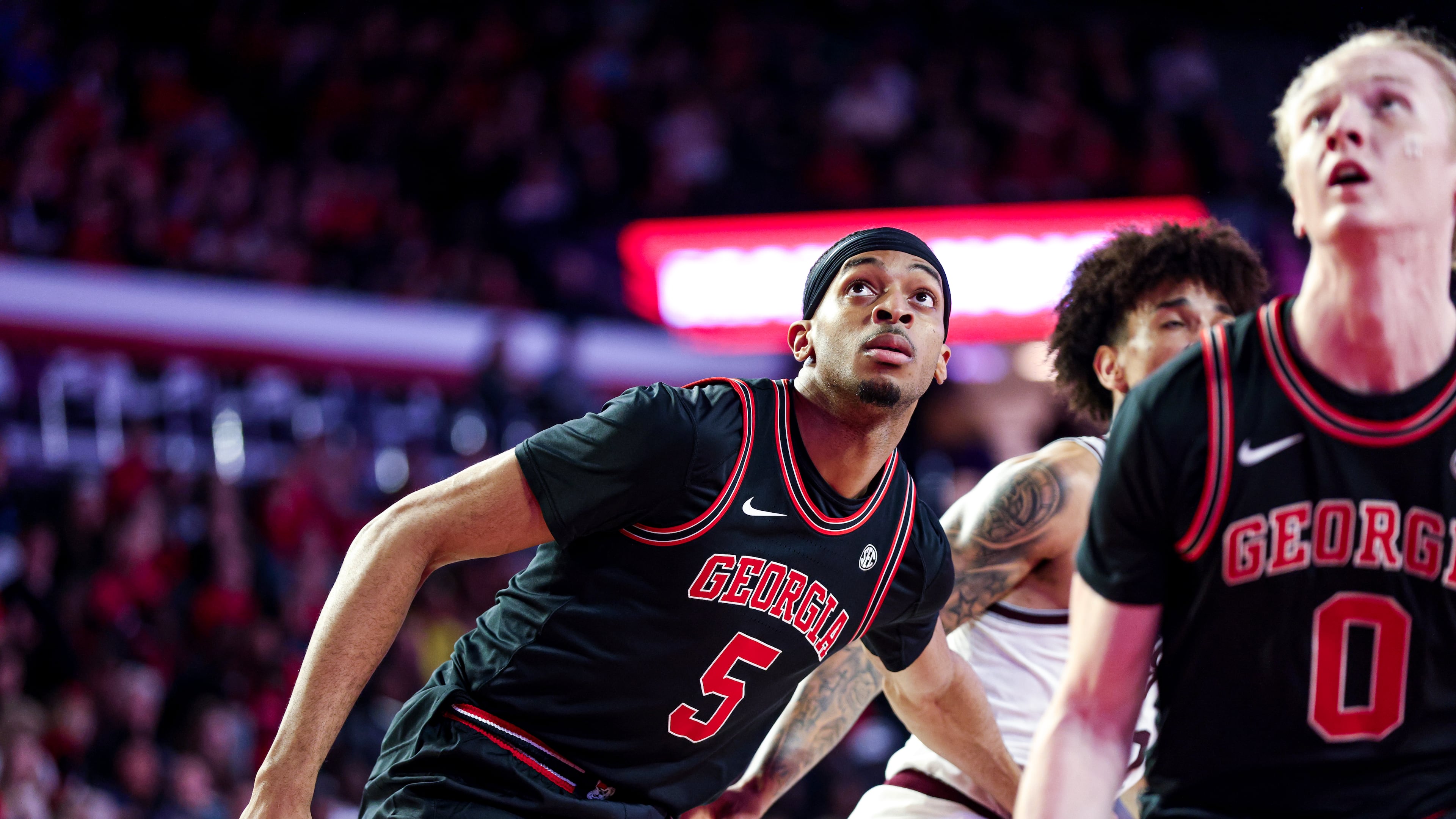 Georgia center Frank Anselem-Ibe (5) positions himself for a rebound during the Bulldogs' game against Texas A&M at Stegeman Coliseum in Athens Saturday, Mar. 2, 2024. (Olivia Wilson/UGA Athletic Association)