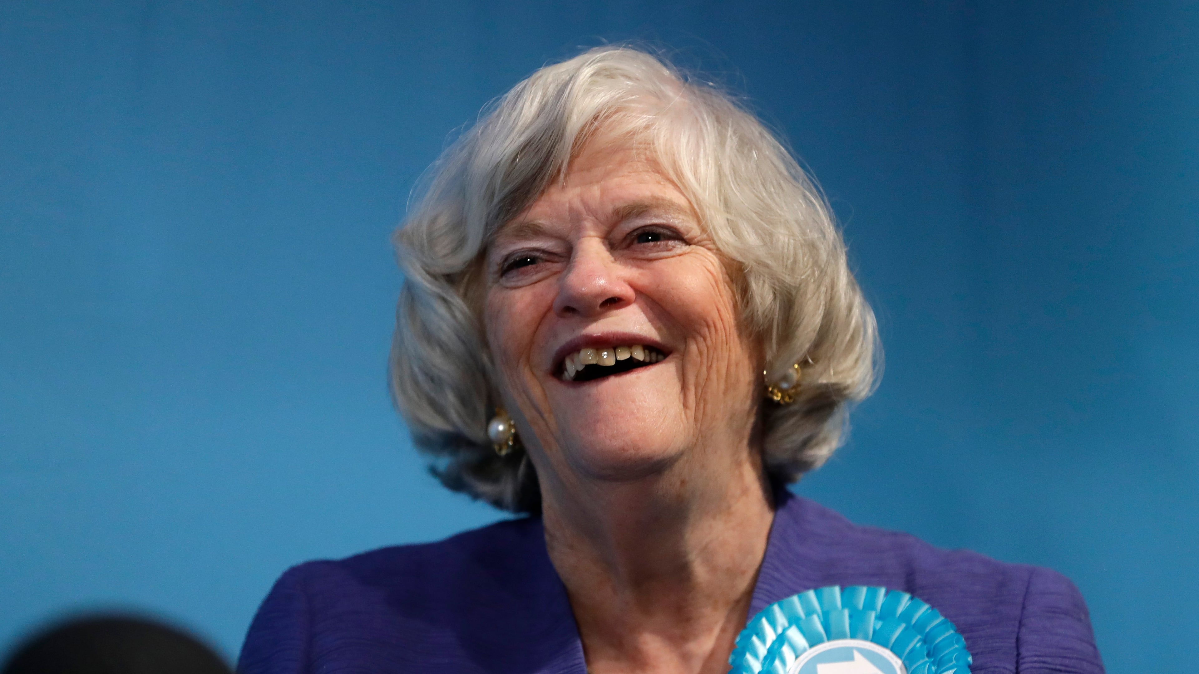 FILE -Ann Widdecombe, Brexit Party member, is interviewed after Nigel Farage, Leader of Britain's Brexit Party, spoke on stage at the launch of their policies for the General Election campaign, in London, Nov. 22, 2019. (AP Photo/Kirsty Wigglesworth, File)