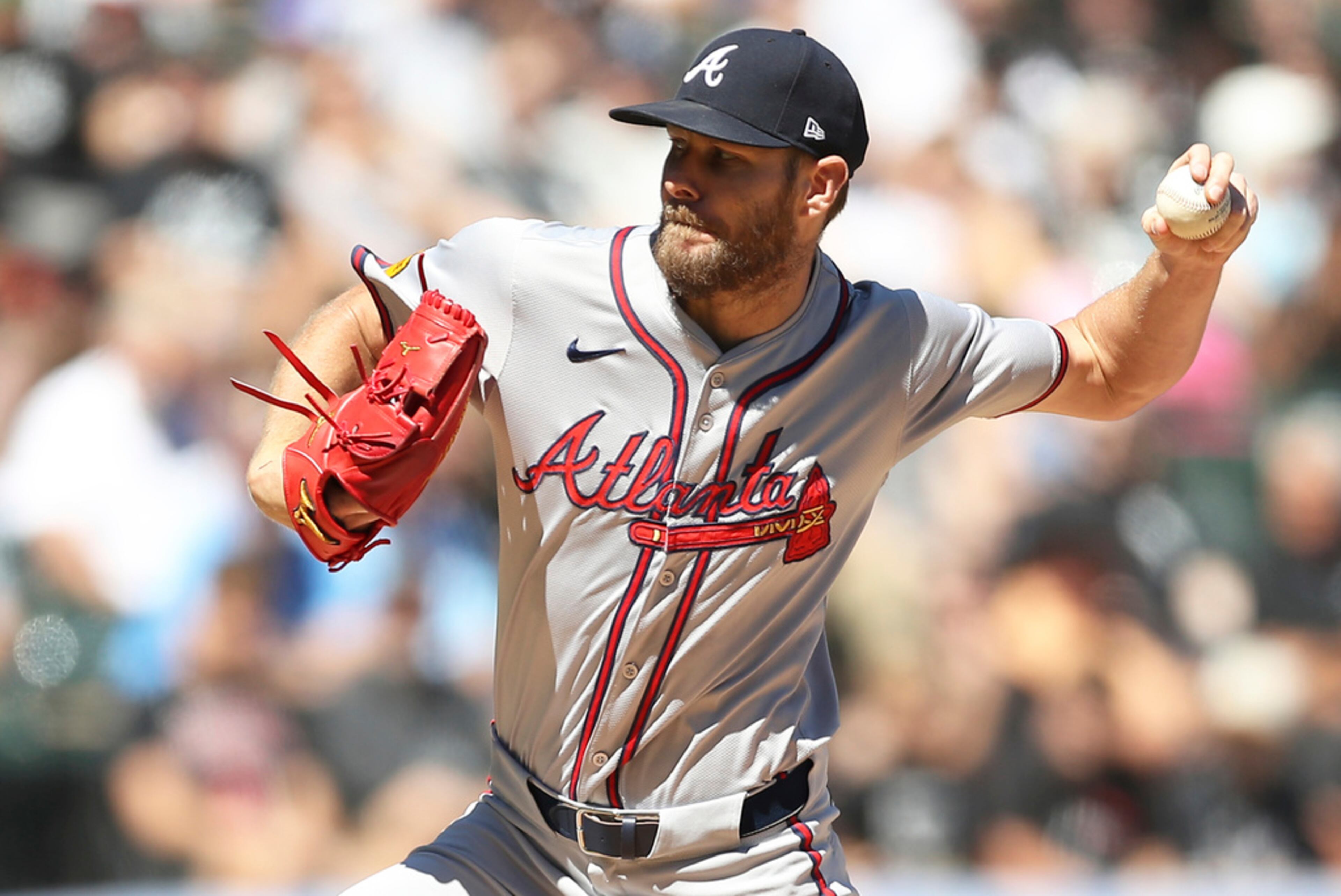 Atlanta Braves starting pitcher Chris Sale throws the ball during the first inning of a baseball game against the Chicago White Sox Thursday, June 27, 2024, in Chicago. The Braves fell 1-0. (AP Photo/Melissa Tamez)