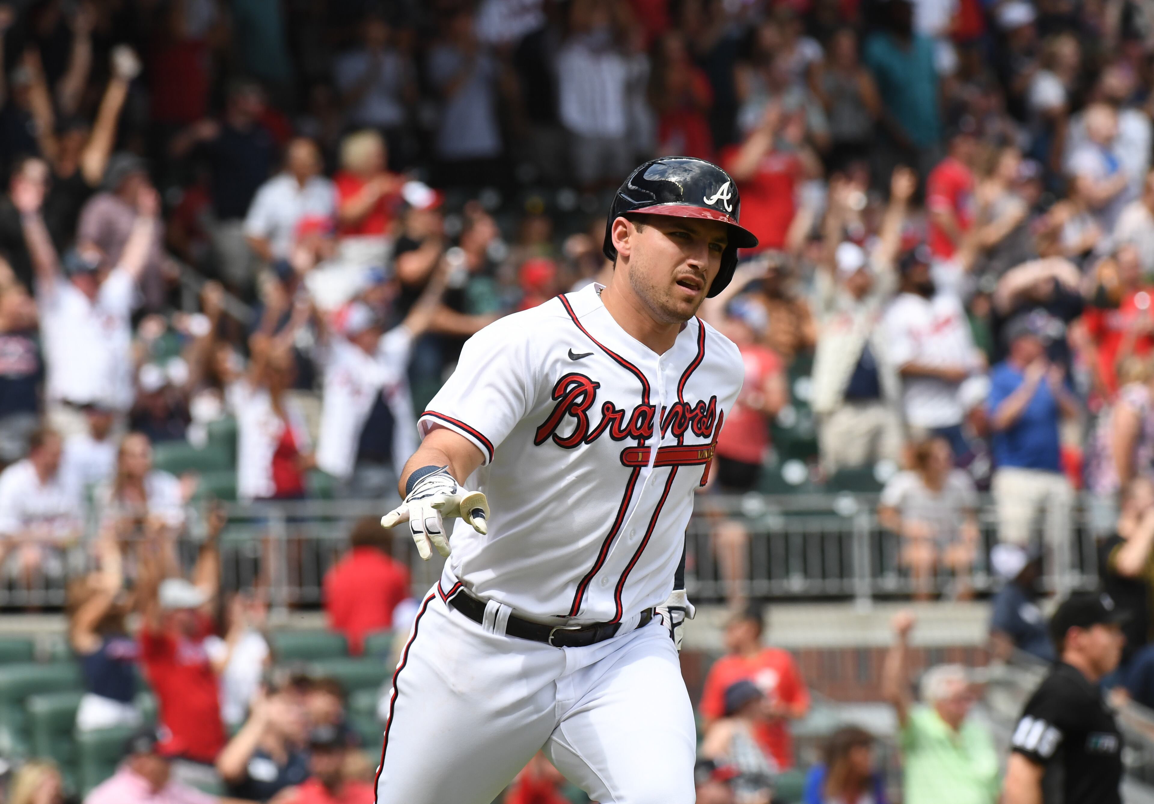 June 11, 2022 Atlanta - Atlanta Braves' third baseman Austin Riley (27) celebrates after hitting a solo home run against Pittsburgh Pirates in the first inning at Truist Park on Saturday, June 11, 2022. (Hyosub Shin / Hyosub.Shin@ajc.com)