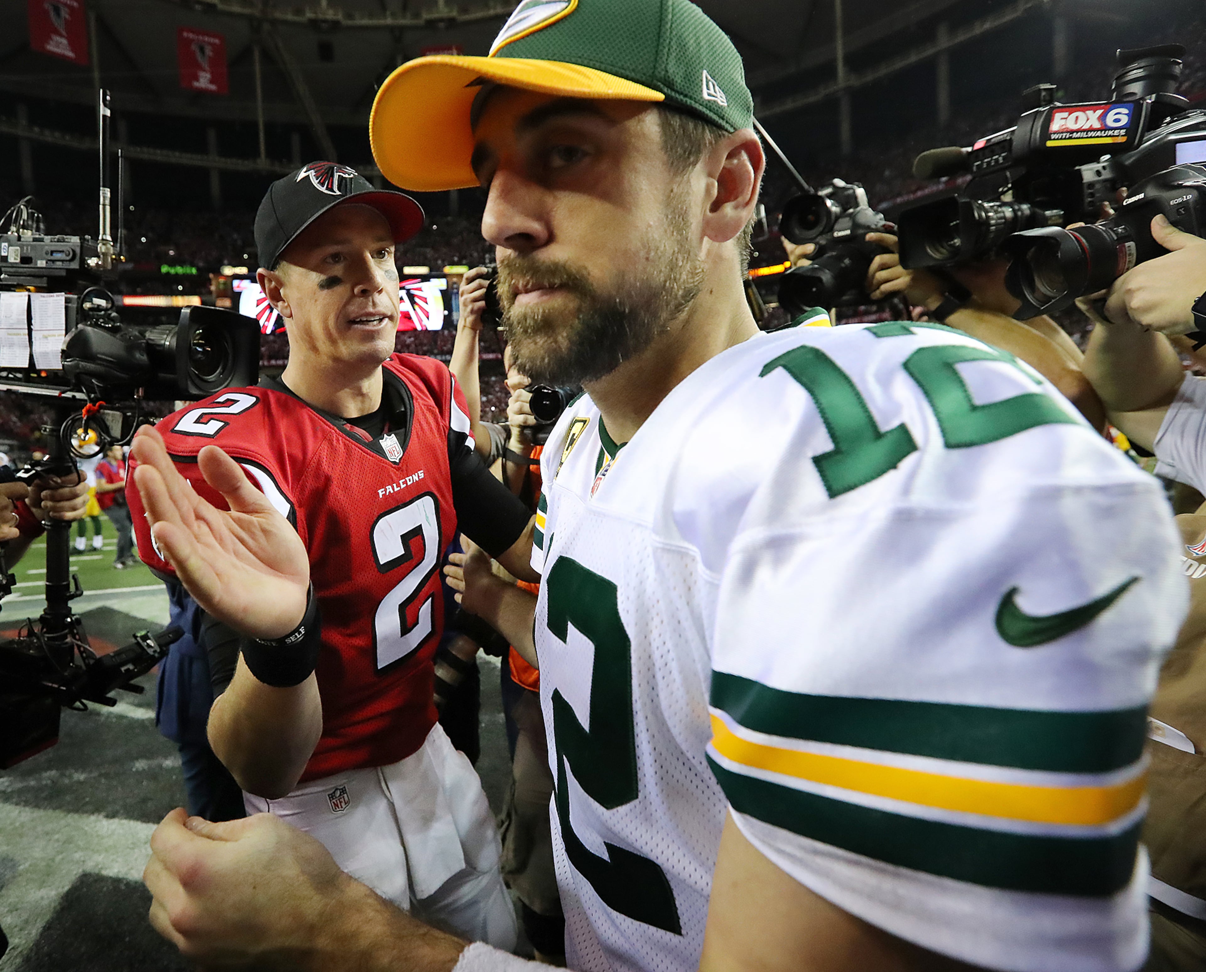 January 22, 2017, Atlanta: Falcons quarterback Matt Ryan pats Packers quarterback Aaron Rodgers on the chest after beating the Packers 44-21 in the NFL football NFC Championship game to advance to the Super Bowl on Sunday, Jan. 22, 2017, in Atlanta. Curtis Compton/ccompton@ajc.com