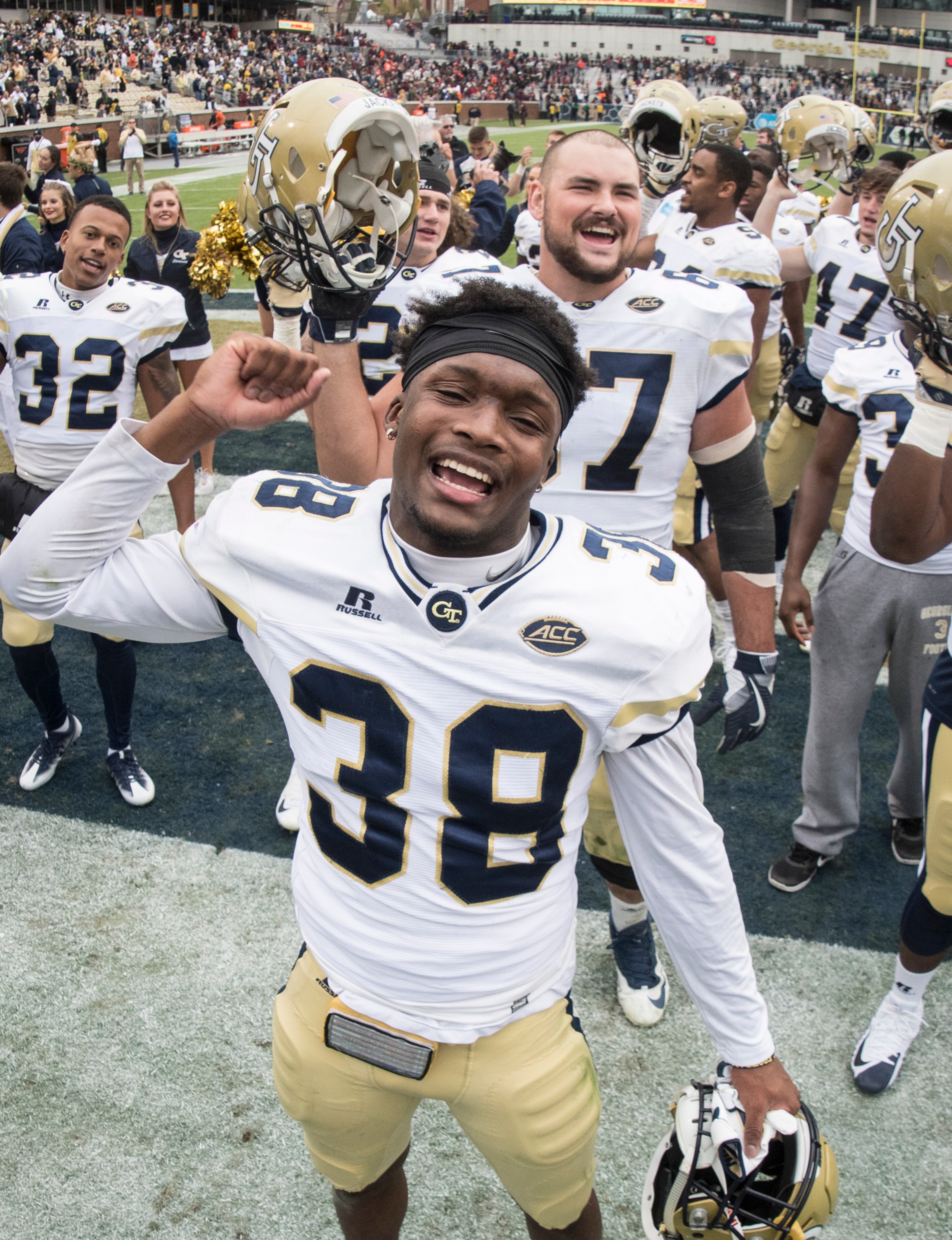 Georgia Tech defensive back Ajani Kerr (38) celebrates after a football game against Virginia Tech on Saturday, Nov.11, 2017, in Atlanta. Georgia Tech won 28-22.(Photo/John Amis)