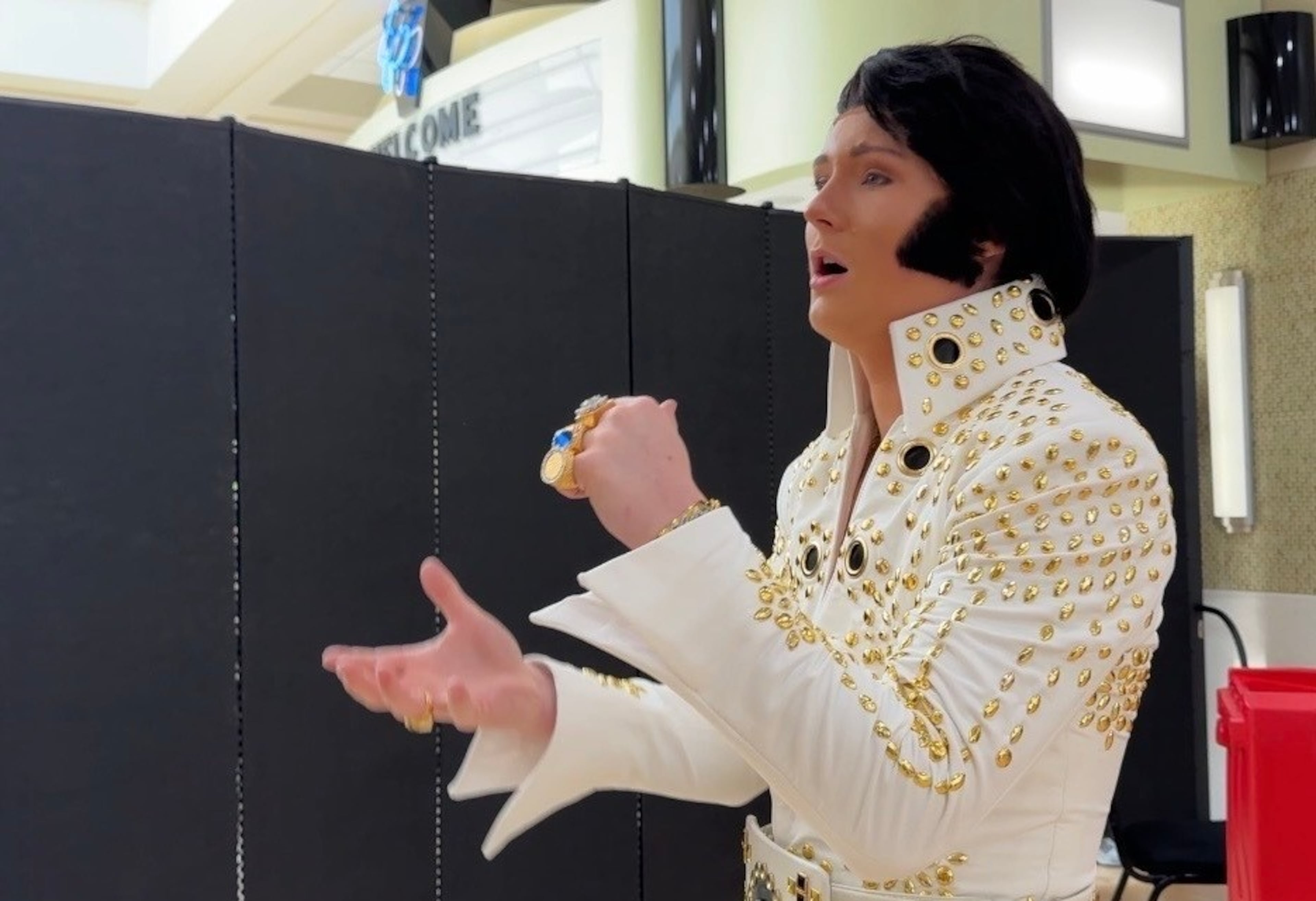 A teen tribute performer rehearses his rendition of "My Boy" at the Tupelo Elvis Festival's youth tribute artist competition. (Sophie Bates/AP)