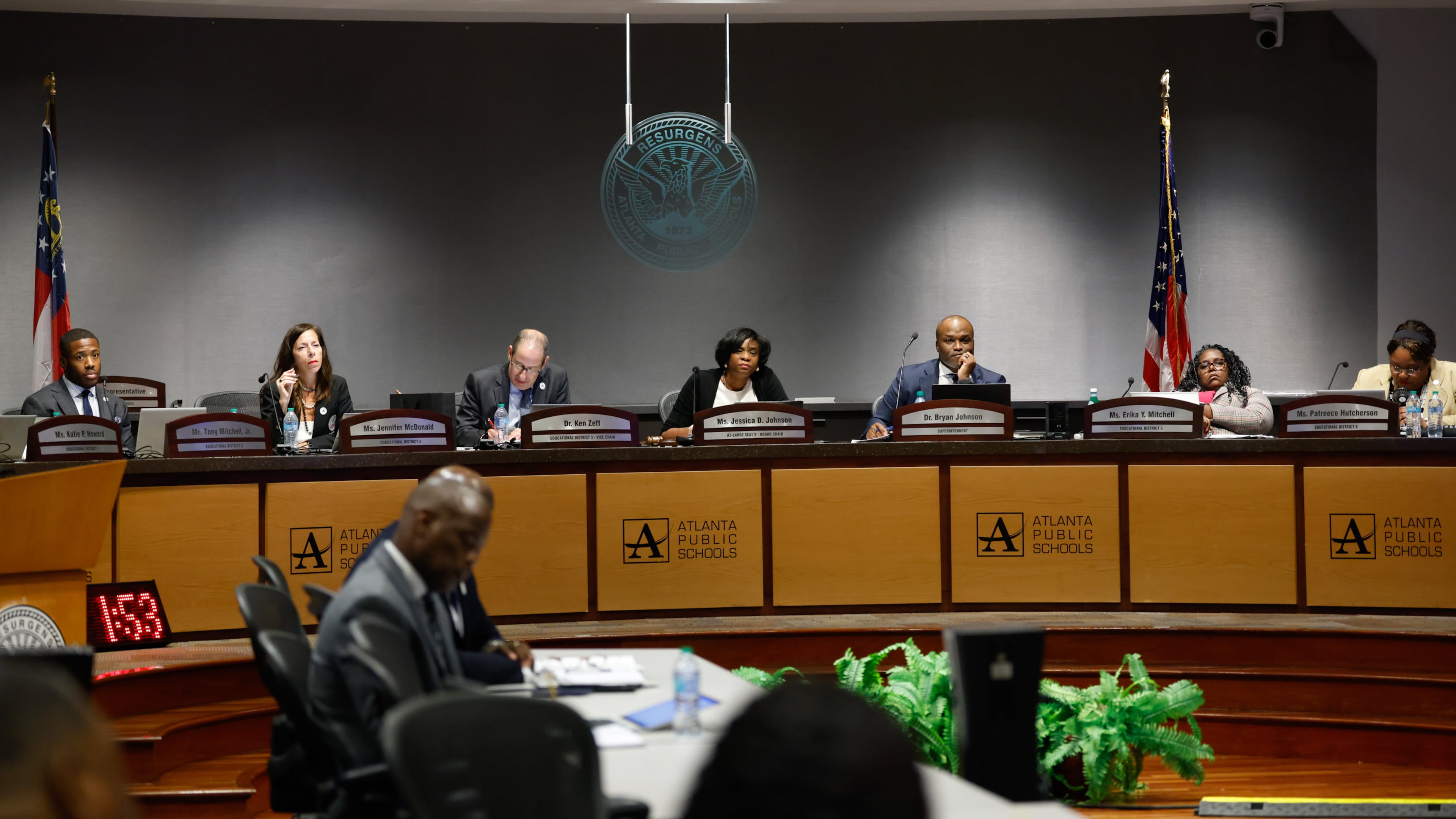 Atlanta Public Schools board members listen to public comment at a meeting in Atlanta on Aug. 10, 2026. (Arvin Temkar/AJC)