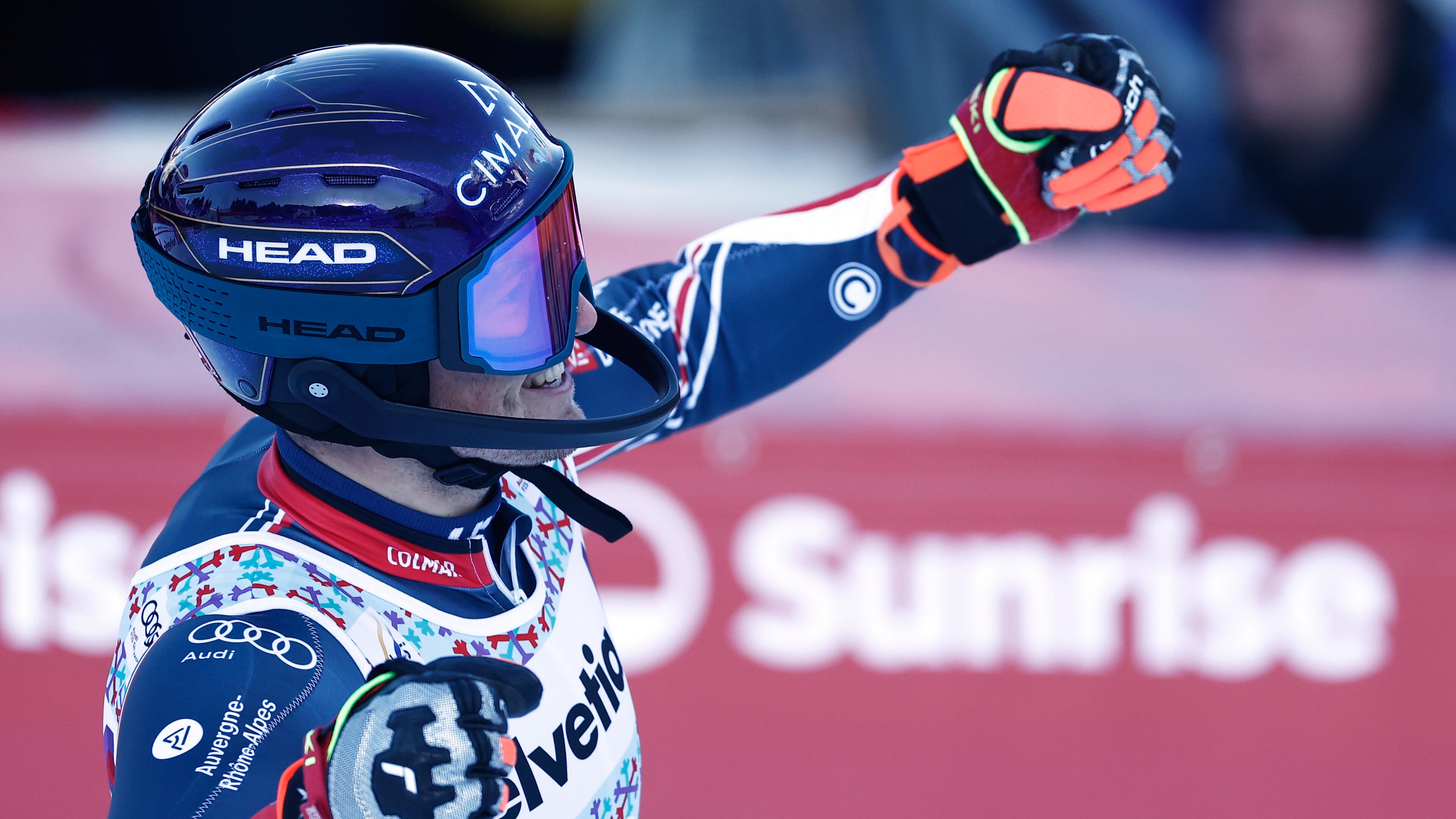 France's Paco Rassat reacts at the finish line during an alpine ski, men's World Cup slalom, in Adelboden, Switzerland, Sunday, Jan. 11, 2026. (AP Photo/Gabriele Facciotti)