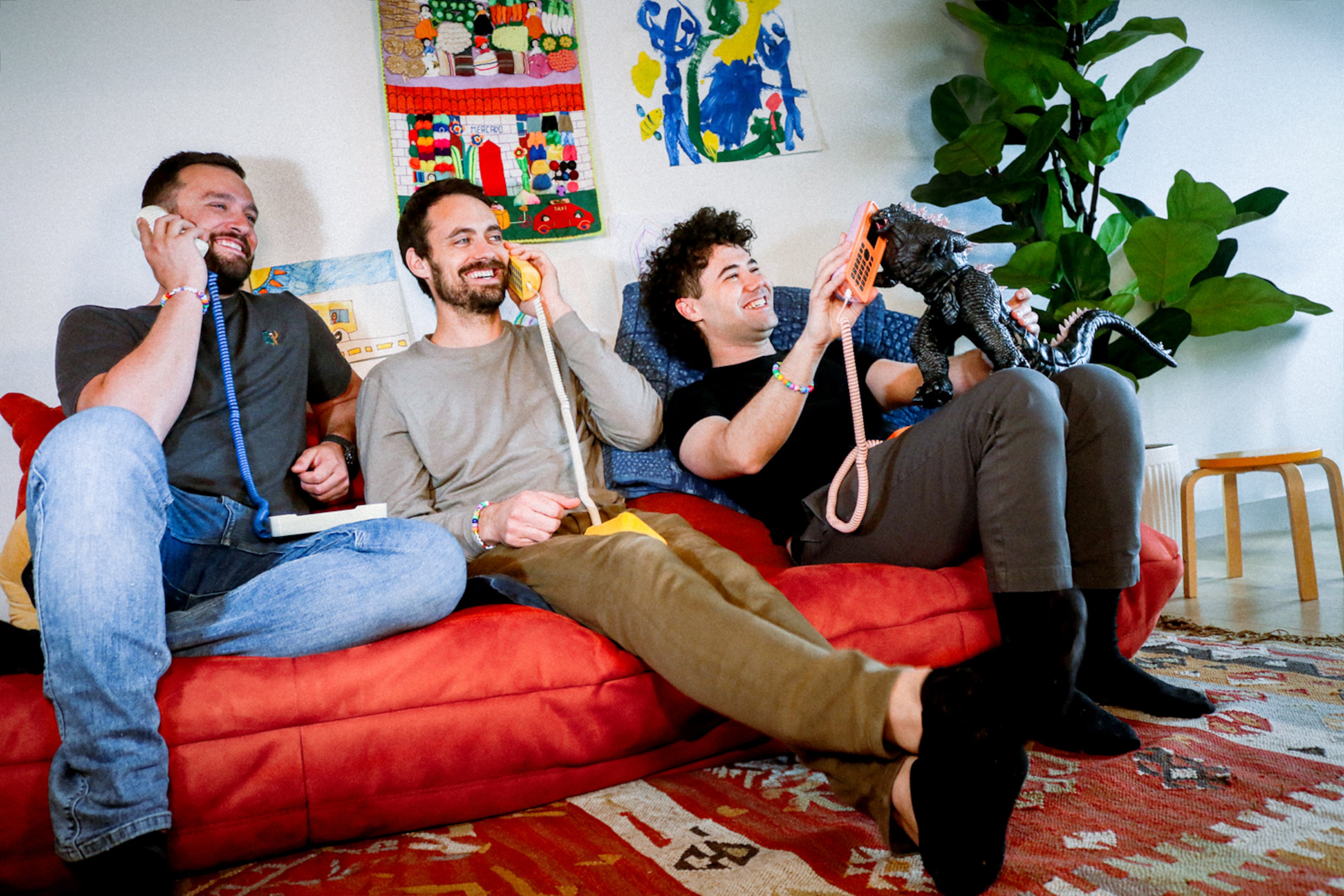 Tin Can co-founders (from left) Graeme Davies, Chet Kittleson and Max Blumen on the company's landline phones designed for kids. (Courtesy of Tin Can)