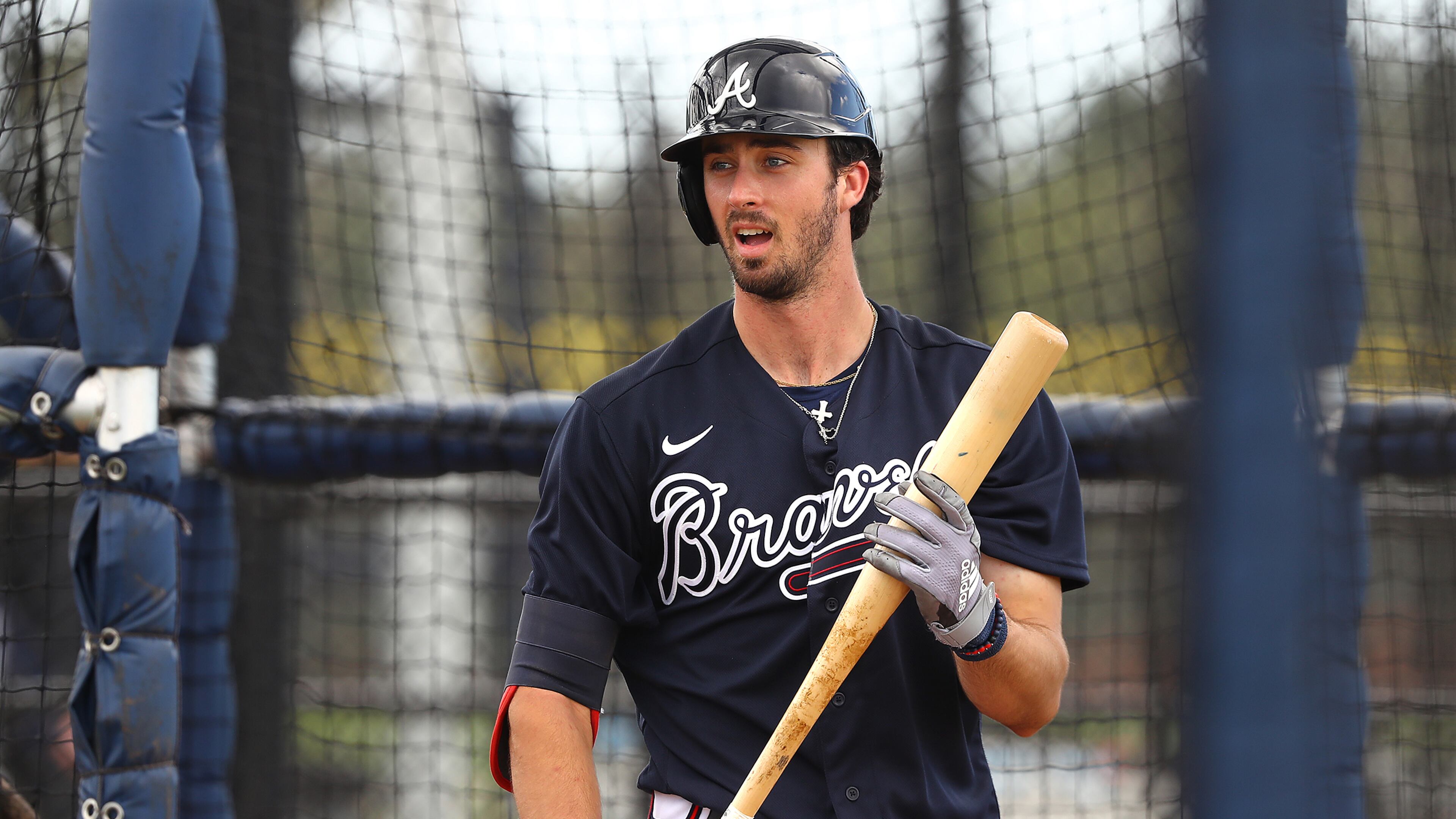 Infielder Braden Shewmake finishes his turn during batting practice. (Curtis Compton/ccompton@ajc.com)