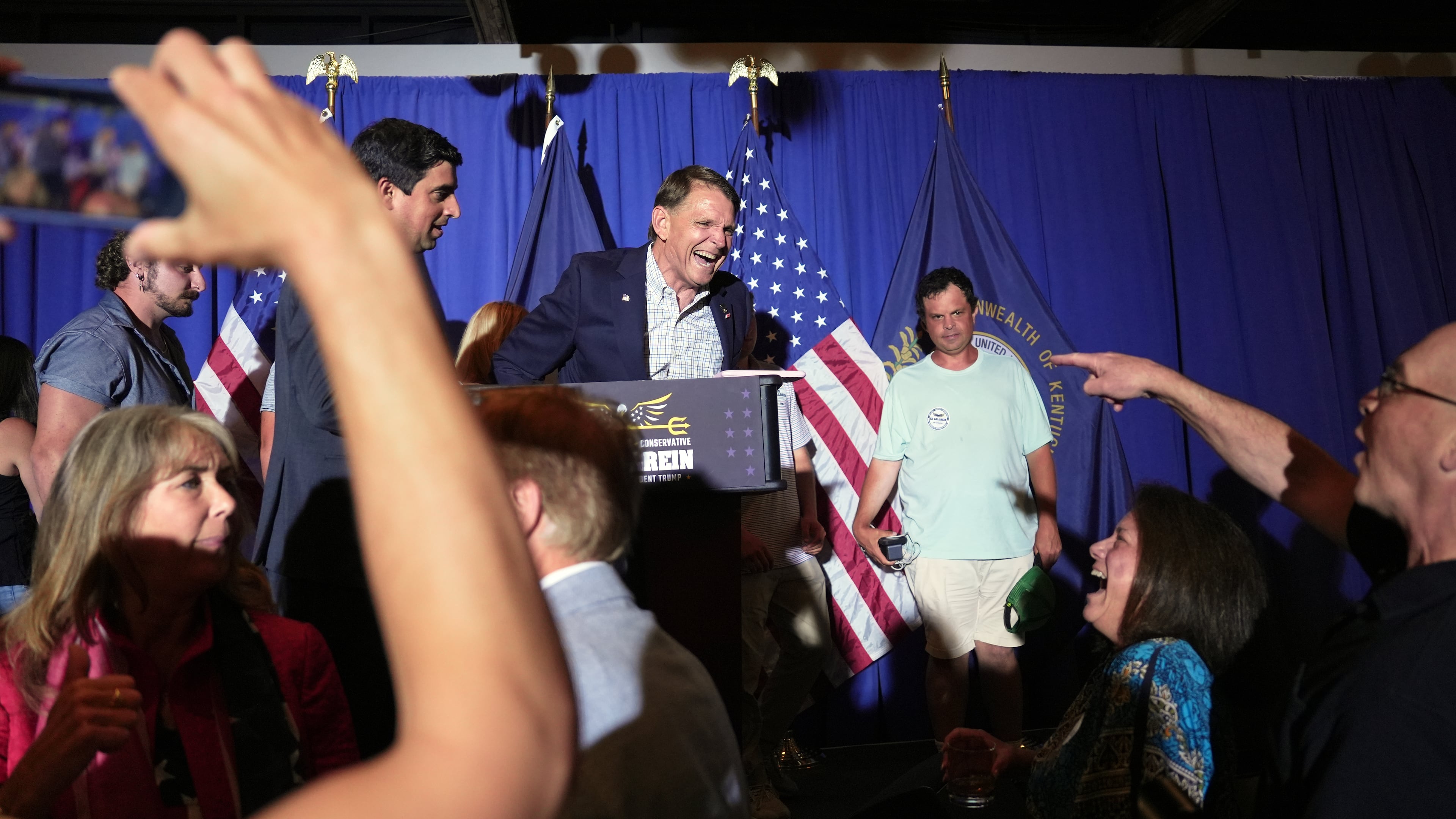 Republican congressional candidate Ed Gallrein speaks after winning the Republican party's nomination during an election night event Tuesday, May 19, 2026, in Covington, Ky. (AP Photo/Joshua A. Bickel)