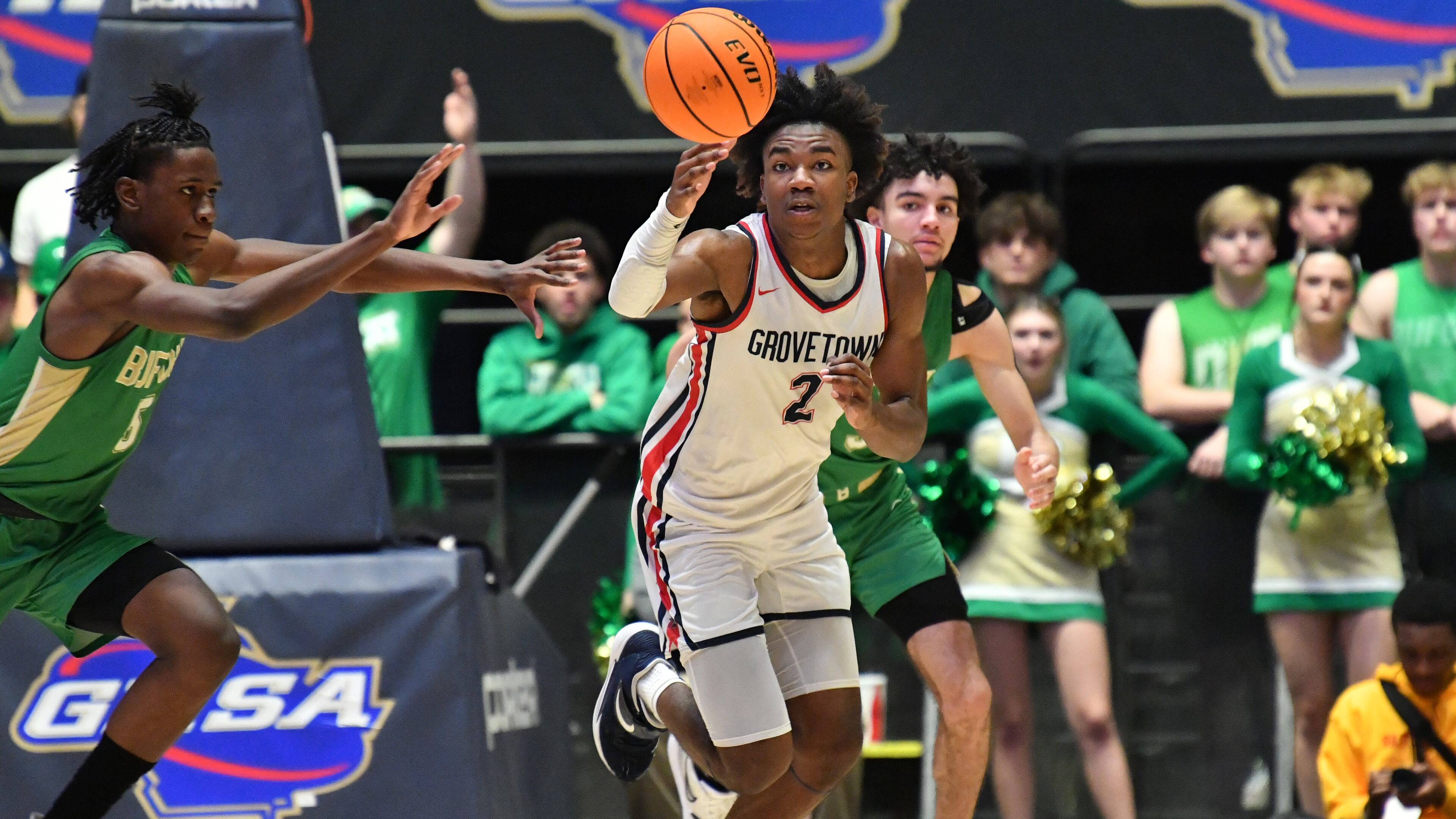 Grovetown's Frankquon Sherman brings the ball upcourt during the 2022 GHSA State Basketball Class 6A Boys Championship game on Friday at the Macon Centreplex. Grovetown won 66-59 over Buford. (Hyosub Shin / Hyosub.Shin@ajc.com)