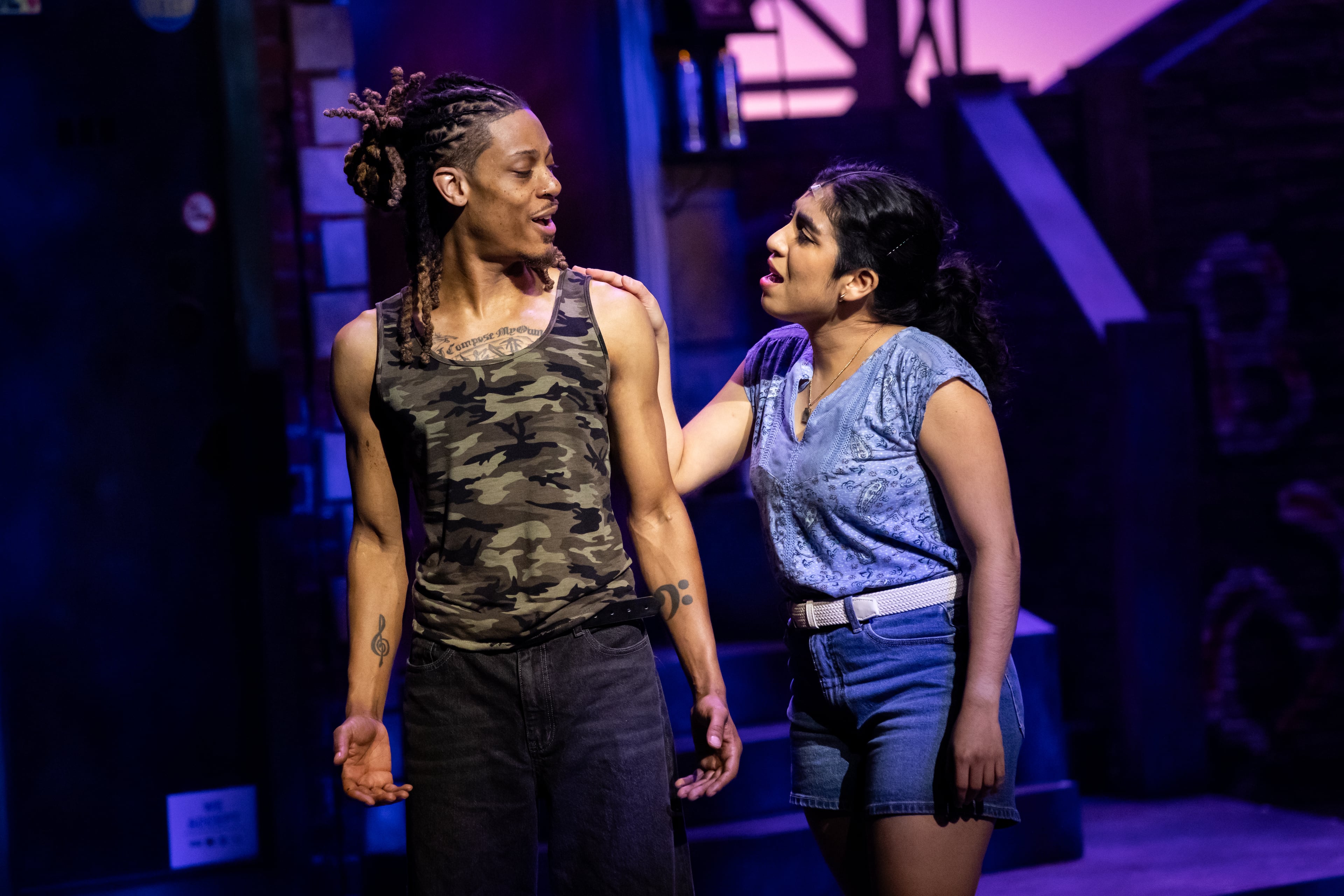 Benny (Russell Alexander II, left) and Nina (Isa Martinez) harmonize beautifully. (Casey Gardner Ford/Courtesy of Aurora Theatre)