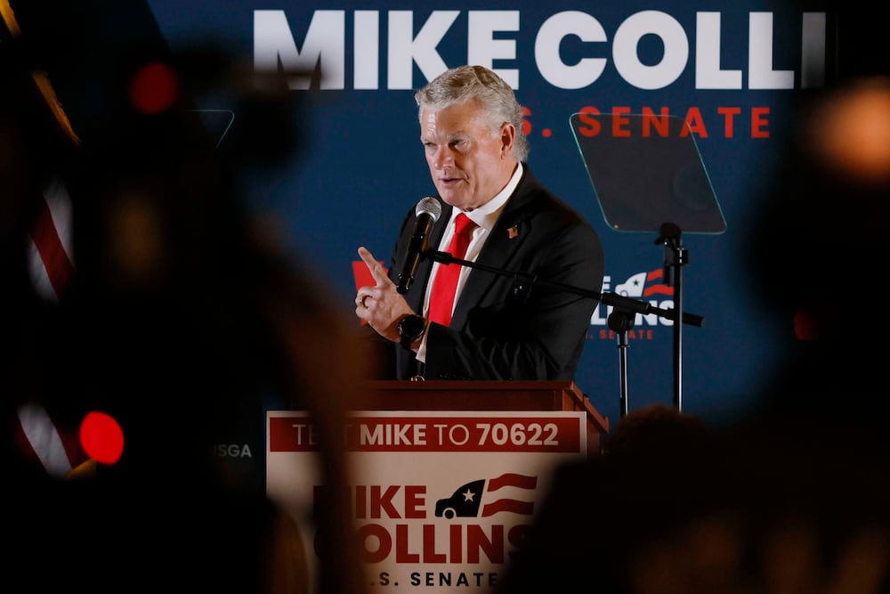 U.S. Rep. Mike Collins speaks to supporters at his watch party after winning the Republican U.S. Senate nomination last month. (Miguel Martinez/AJC)