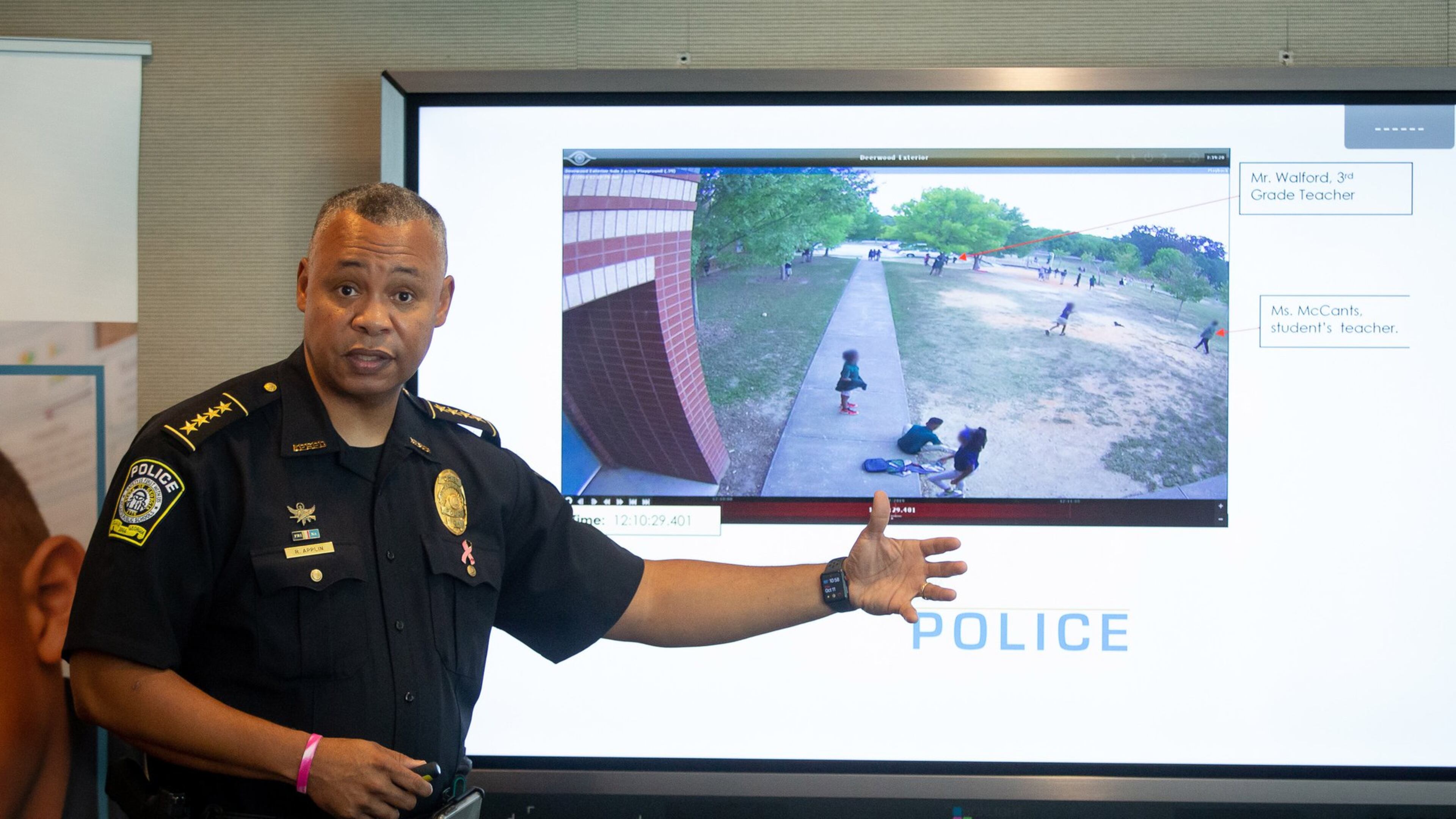 APS Police Chief Ronald Applin walks through their evidence at a press conference at Atlanta Public Schools Alonzo A. Crim Center on Oct. 11, 2019. The evidence — including surveillance footage, testimonials from students and adults and the timeline of events — does not support an 8-year-old student’s allegation of being attacked on a school playground by an armed man, school officials said. STEVE SCHAEFER / SPECIAL TO THE AJC