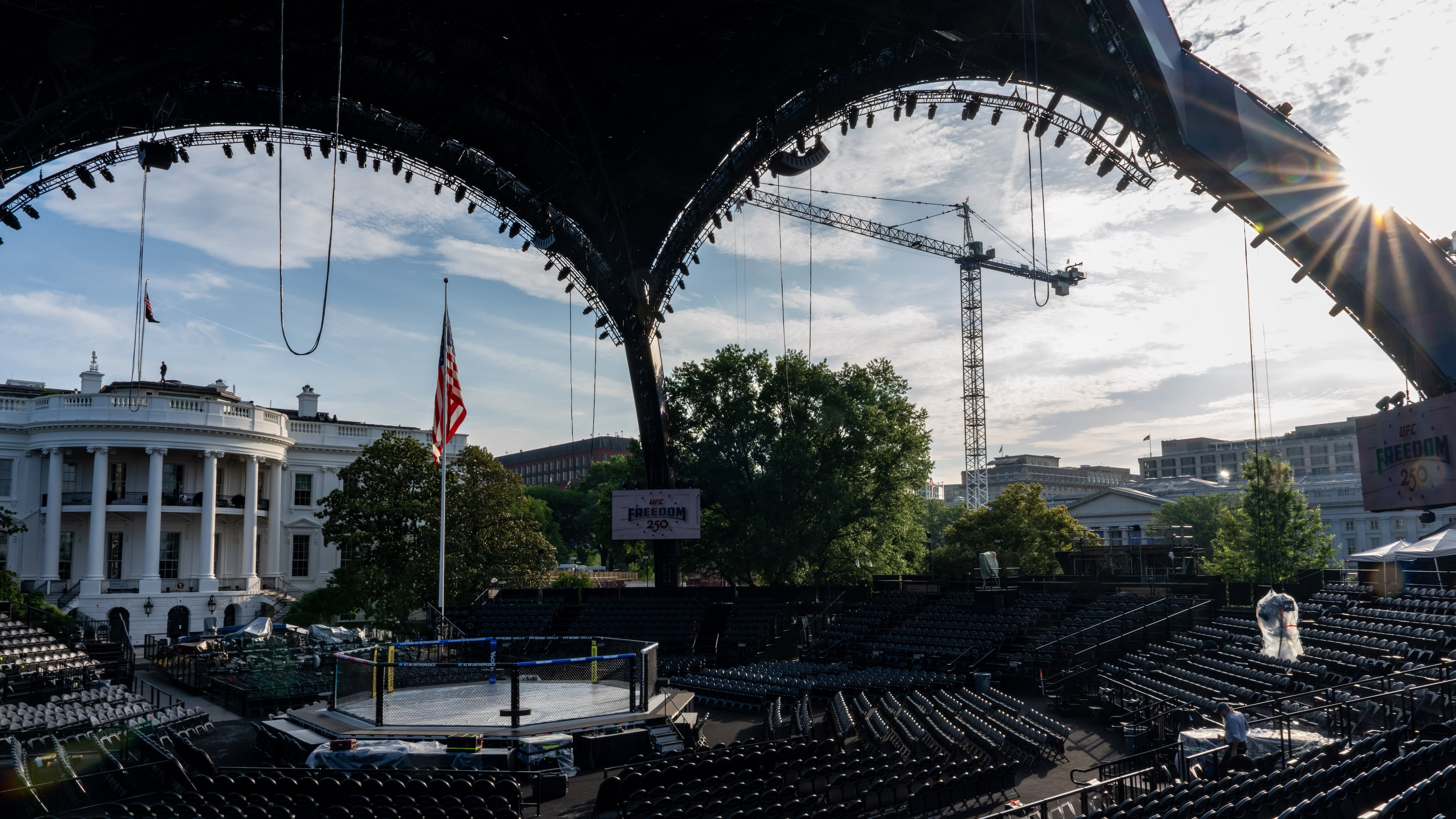 Members of the media view the arena for the UFC Freedom 250 fights on the South Lawn of the White House, Thursday, June 11, 2026, in Washington. (AP Photo/Alex Brandon)