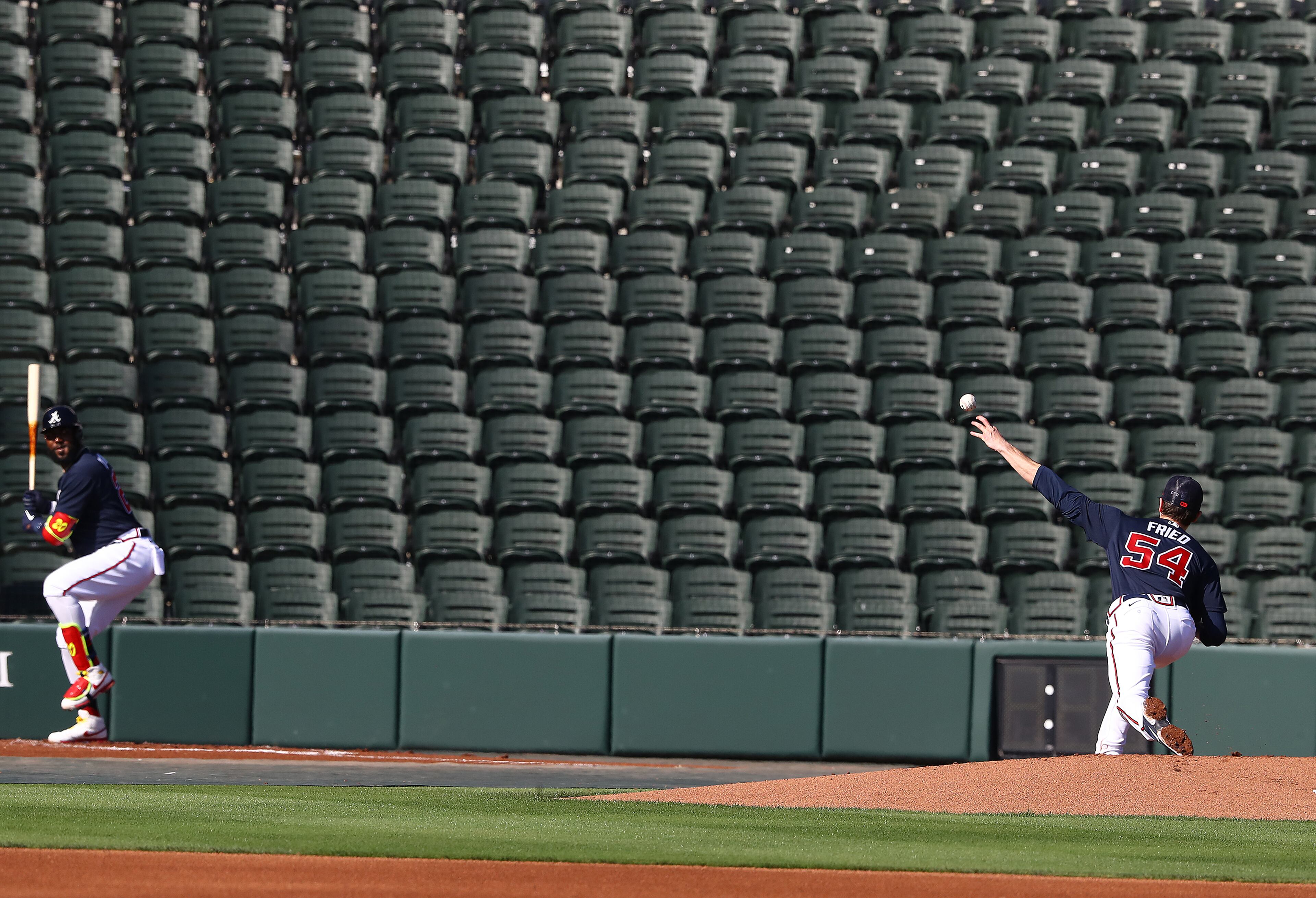 Braves pitcher Max Fried throws live batting practice to outfielder Marcell Ozuna in CoolToday Park during Spring Training on Thursday, March 17, 2022, in North Port. The Braves will play their first MLB preseason game against the Minnesota Twins on Friday in CoolToday Park. “Curtis Compton / Curtis.Compton@ajc.com”